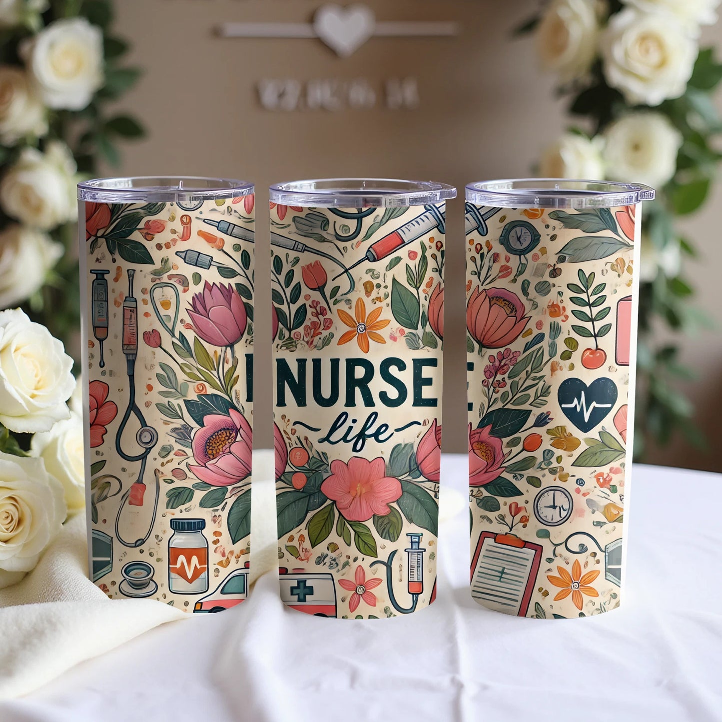 Nurse life tumbler with floral and medical icons.