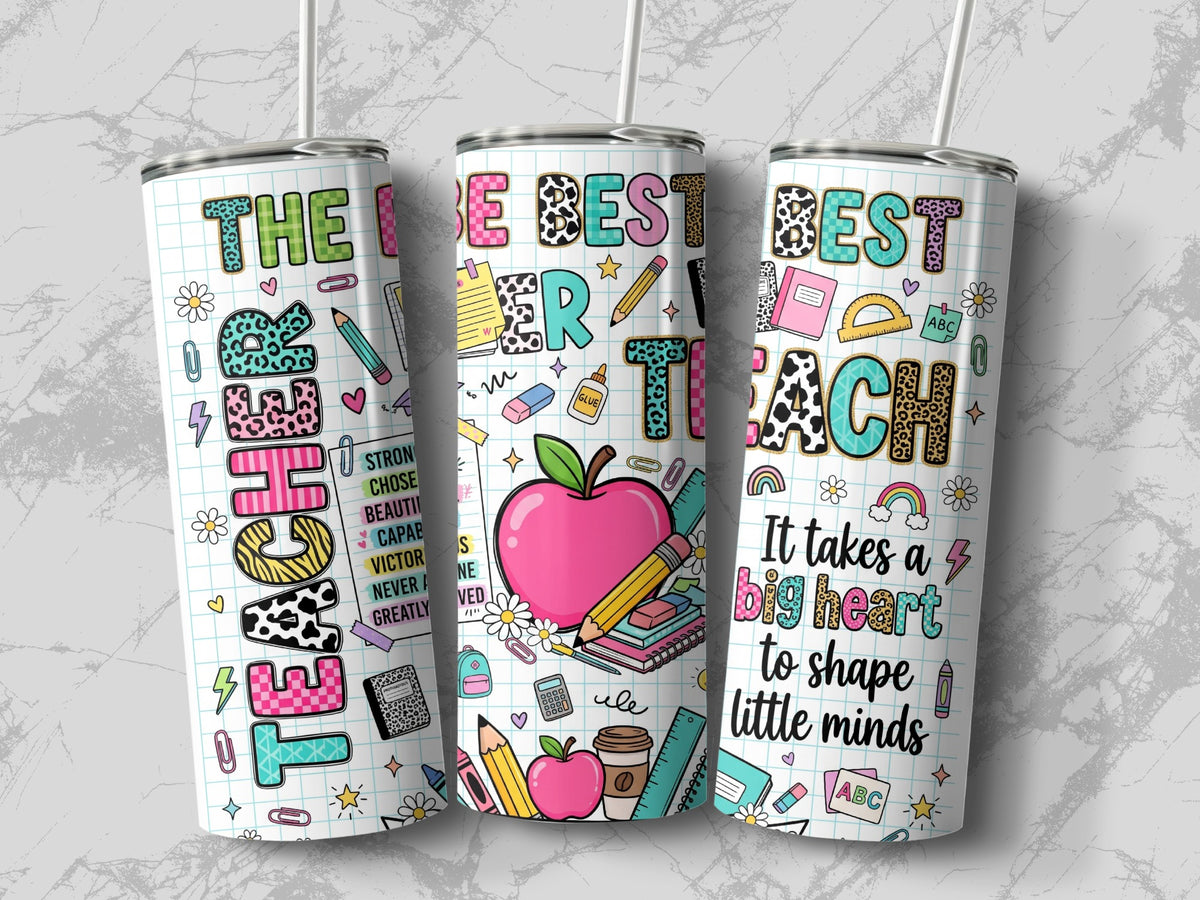 Three teacher-themed tumblers featuring colorful school supplies, grid paper backgrounds, and inspiring typography.