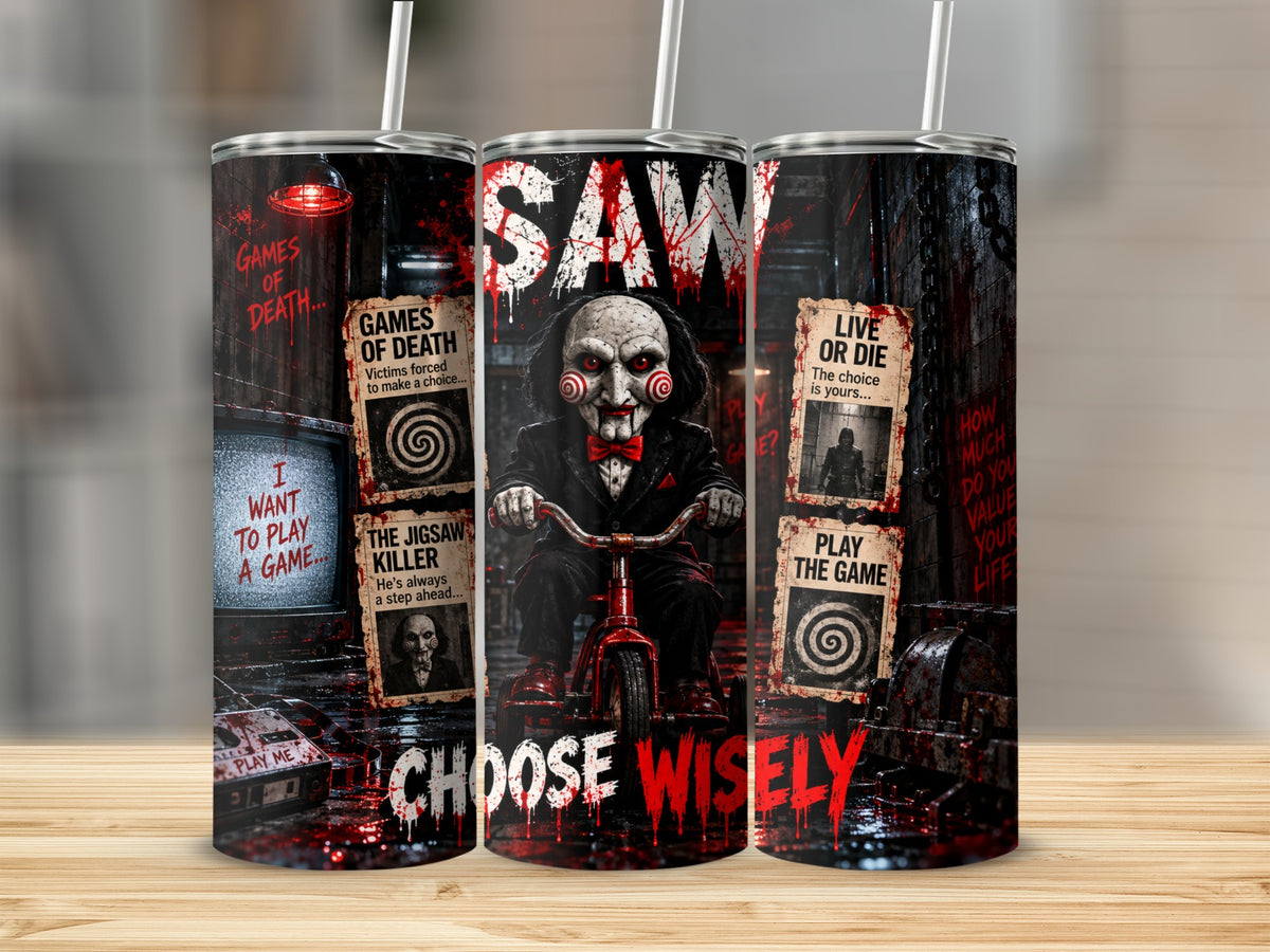 Three metal tumblers with a Saw horror movie theme, featuring Billy the Puppet on a tricycle and bloody text.