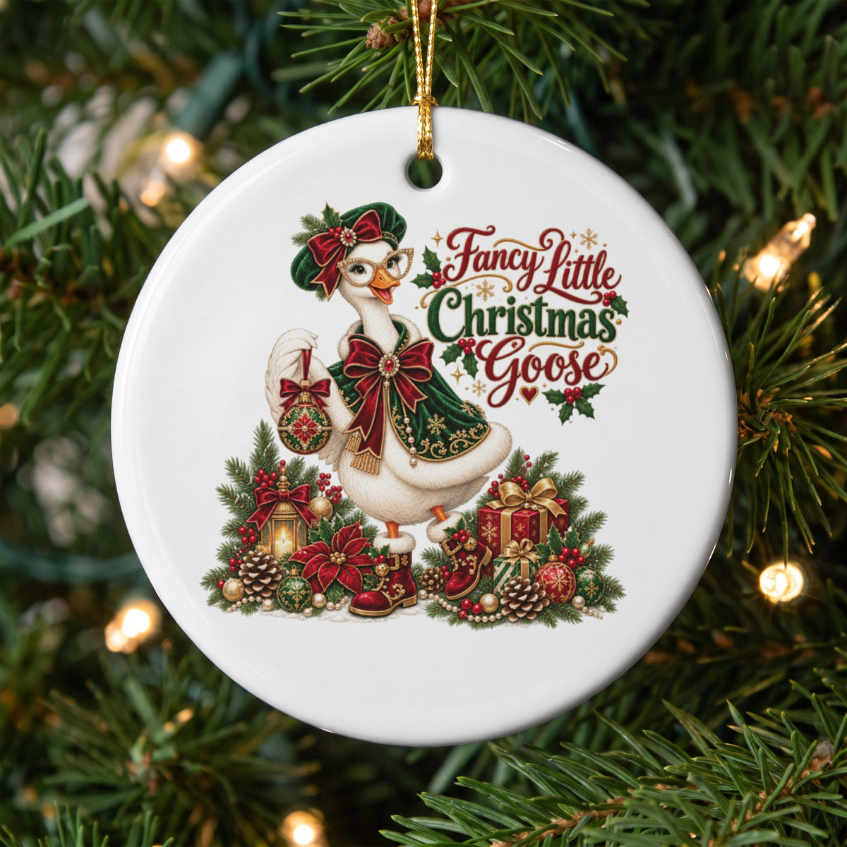 Christmas ornament with a goose wearing glasses and holding a bauble, with text "Fancy Little Christmas Goose".