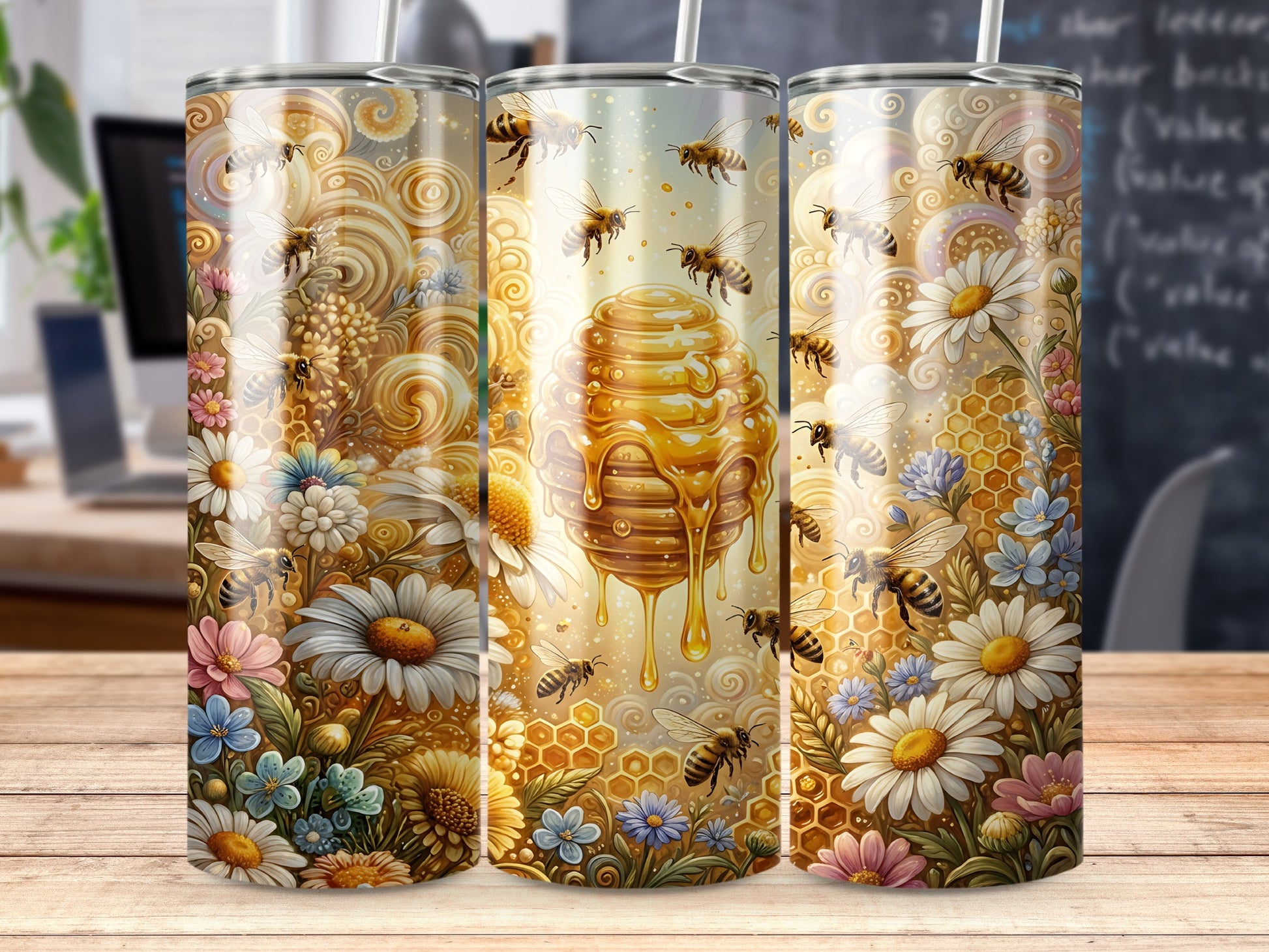 Dripping honey pot surrounded by bees and flowers with honeycomb pattern.