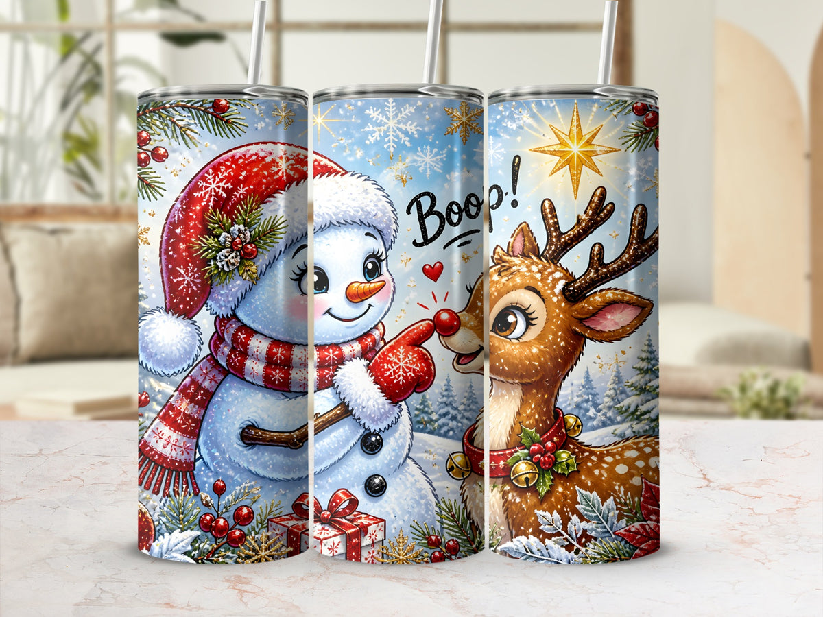 Three views of a stainless steel tumbler featuring a winter holiday design with a snowman booping a reindeer's red nose.