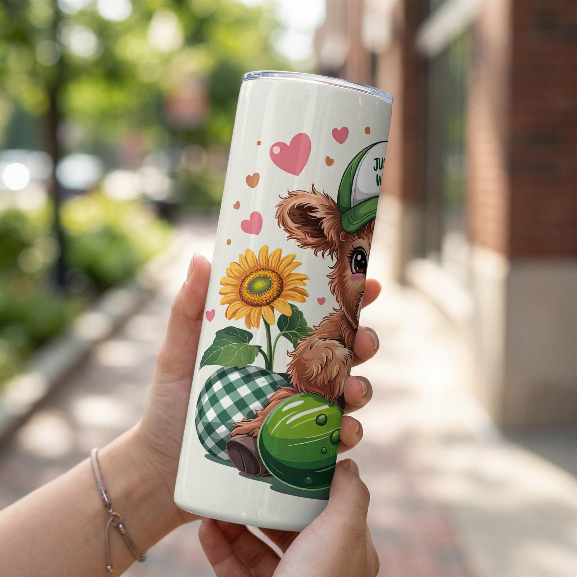 Cute bear with sunflower, hearts, and green plaid accents on a tumbler.