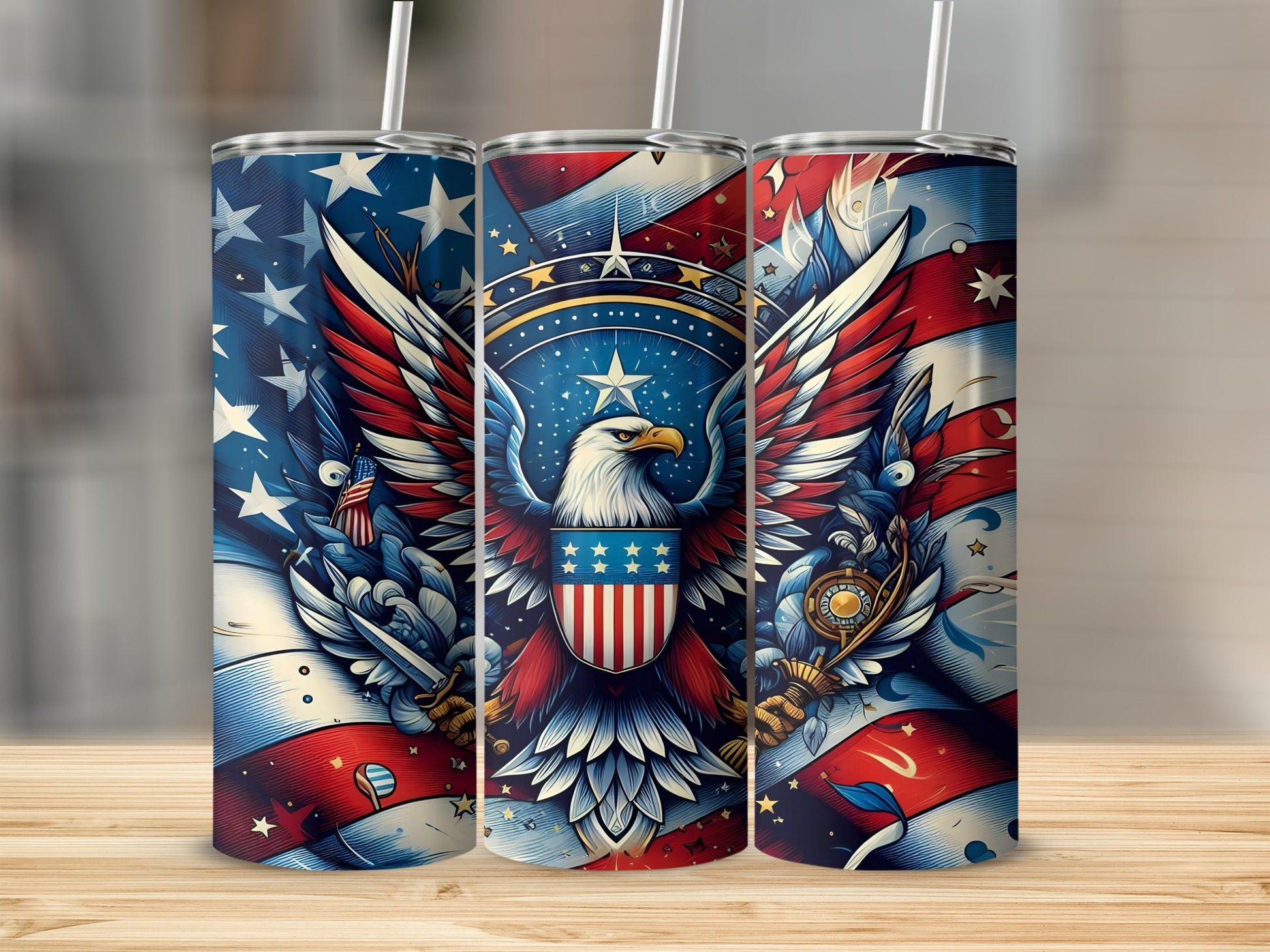 Patriotic tumbler with eagle, stars, and stripes designs.