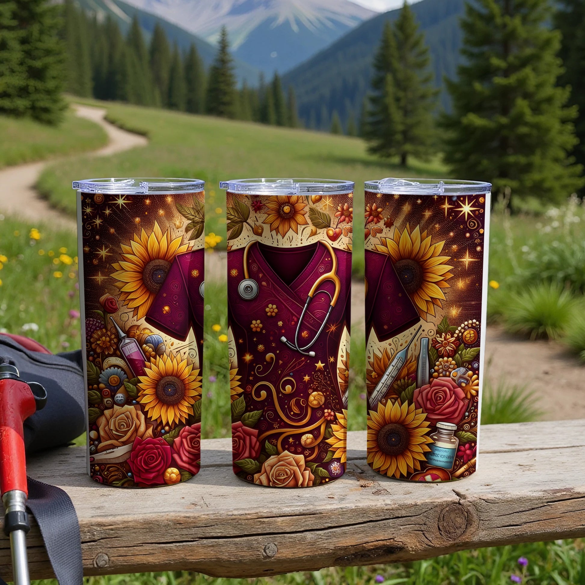 Three tumblers with sunflower and medical theme designs on a wooden surface outdoors.