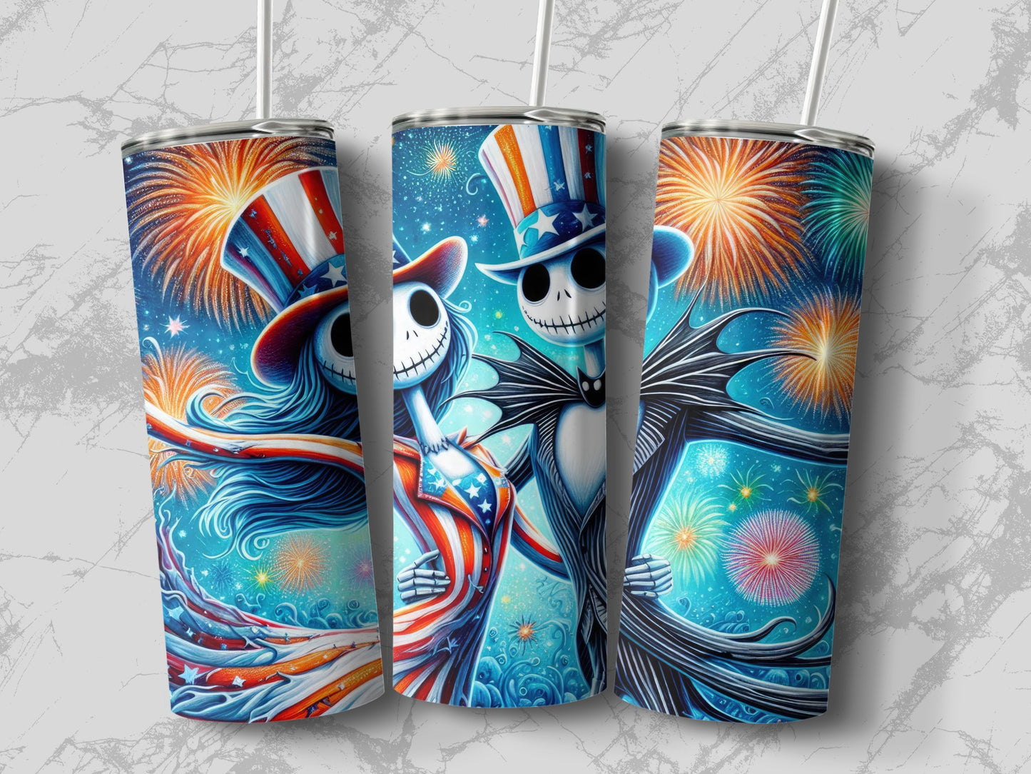 Jack Skellington and Sally in patriotic outfits with fireworks.