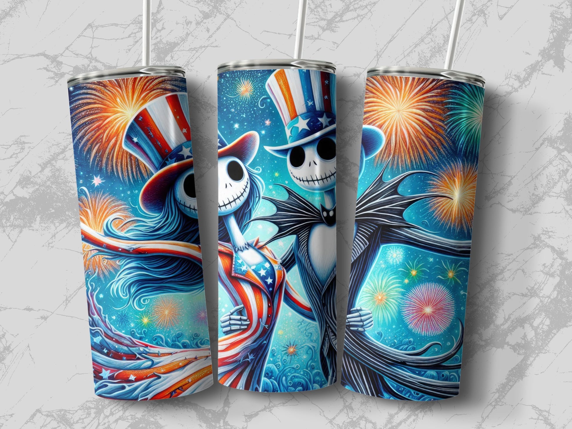 Jack Skellington and Sally in patriotic outfits with fireworks.
