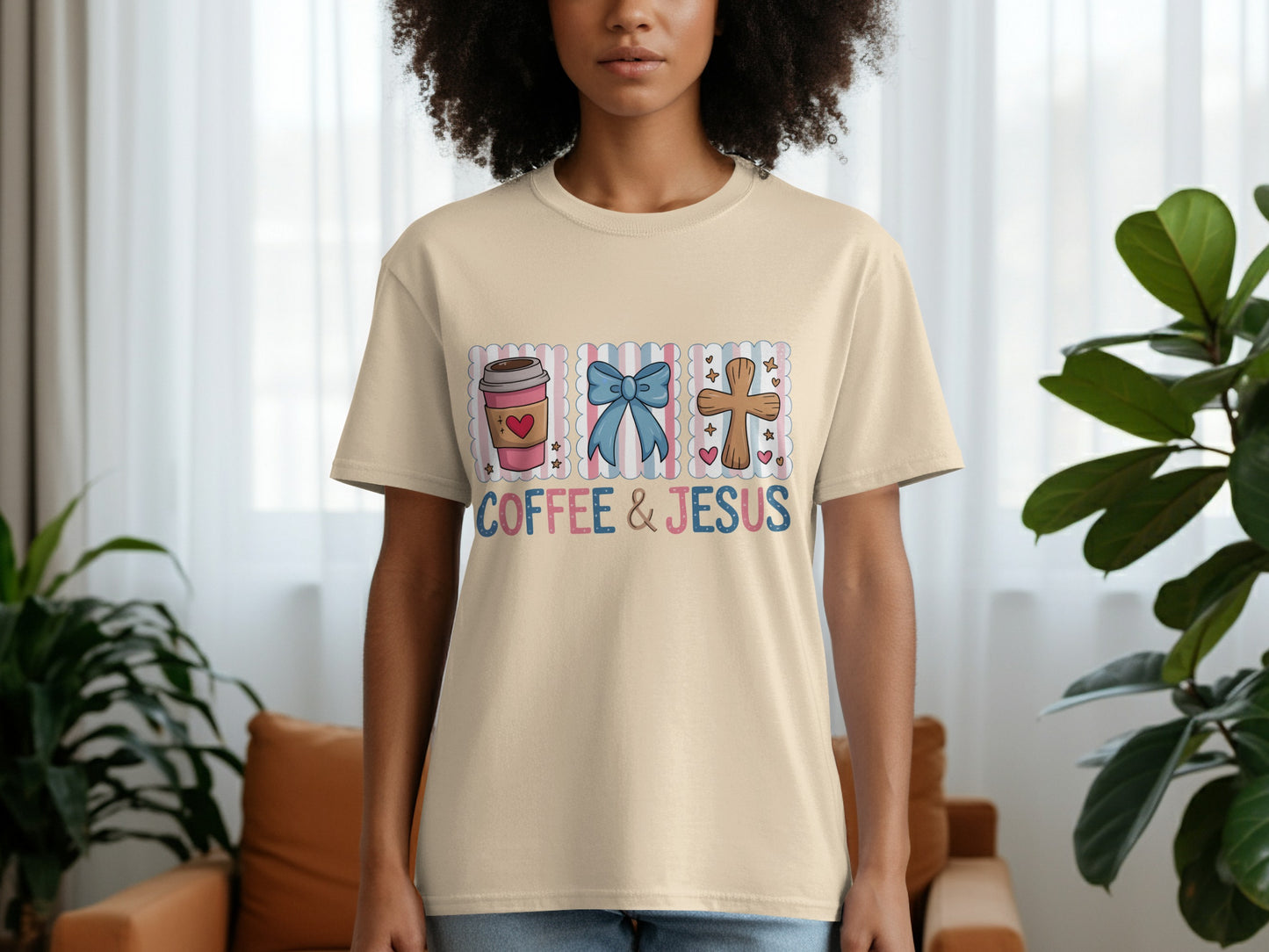 Beige t-shirt with coffee, bow, and cross graphics and "COFFEE & JESUS" text.