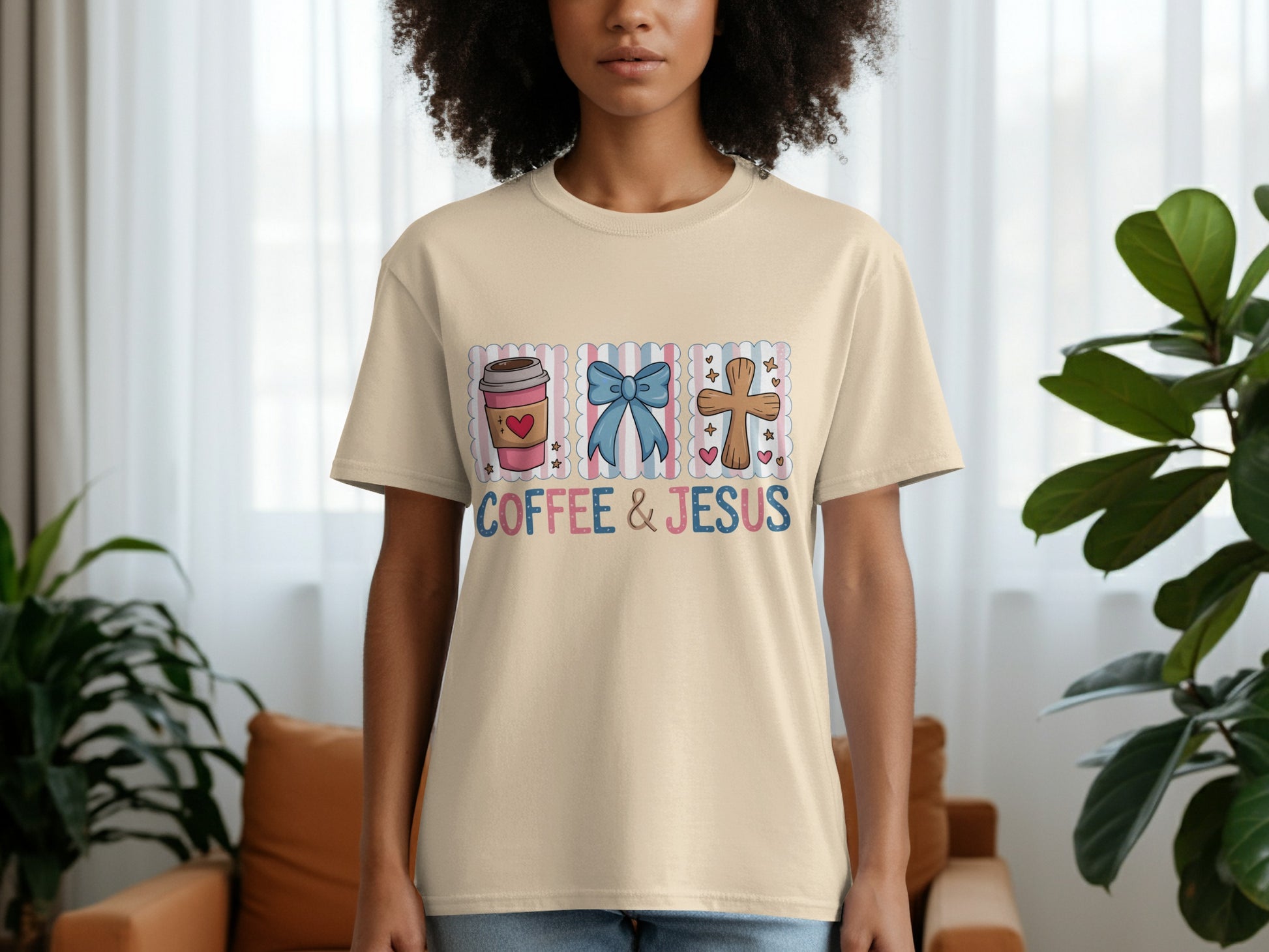 Beige t-shirt with coffee, bow, and cross graphics and "COFFEE & JESUS" text.