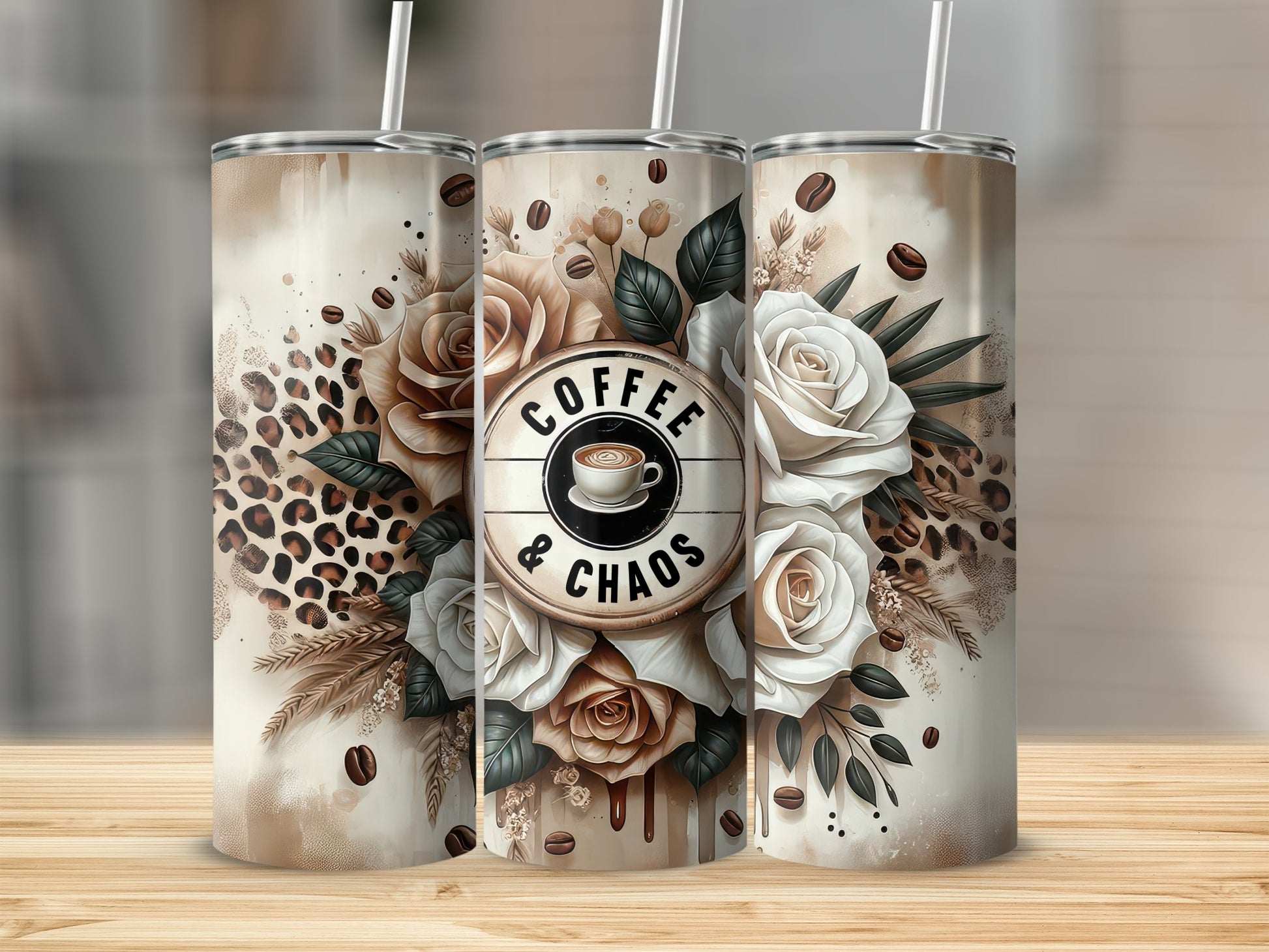 Three tumblers with roses, coffee beans, and leopard print, featuring "Coffee & Chaos" logo.