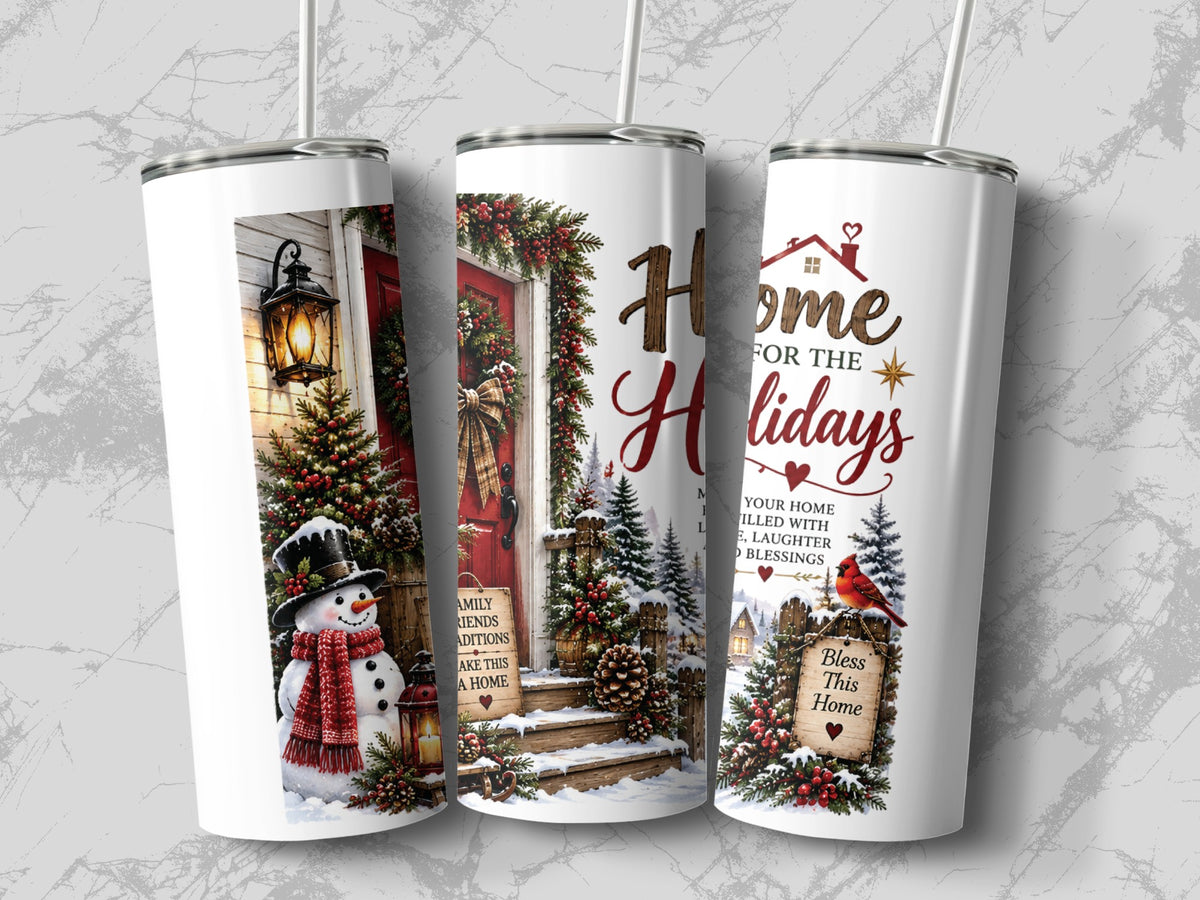 Three matching white tumblers with Christmas-themed wraps displaying a snowman, decorated front door, and holiday text.