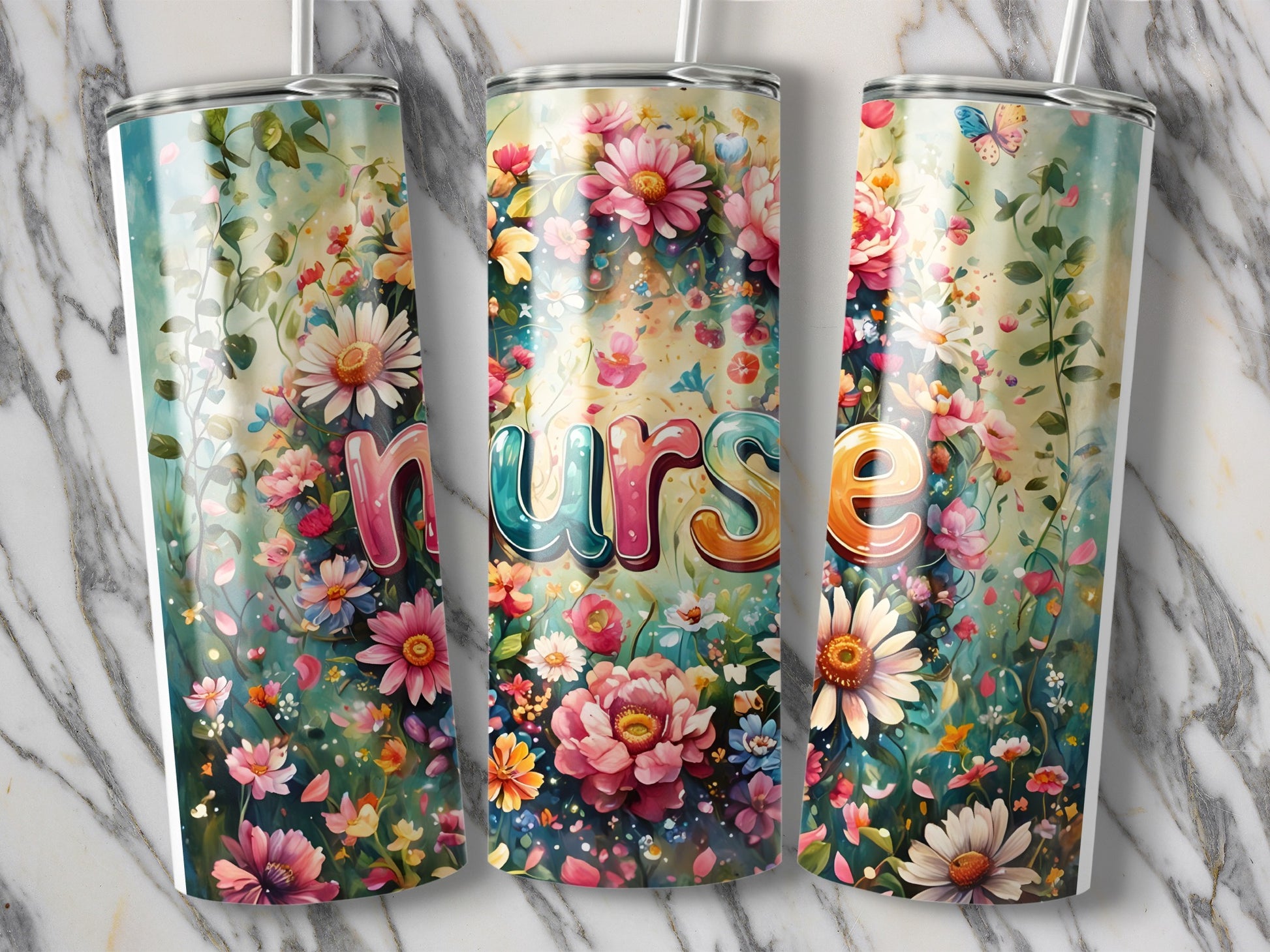 Floral watercolor design with "Nurse" text on a tumbler.