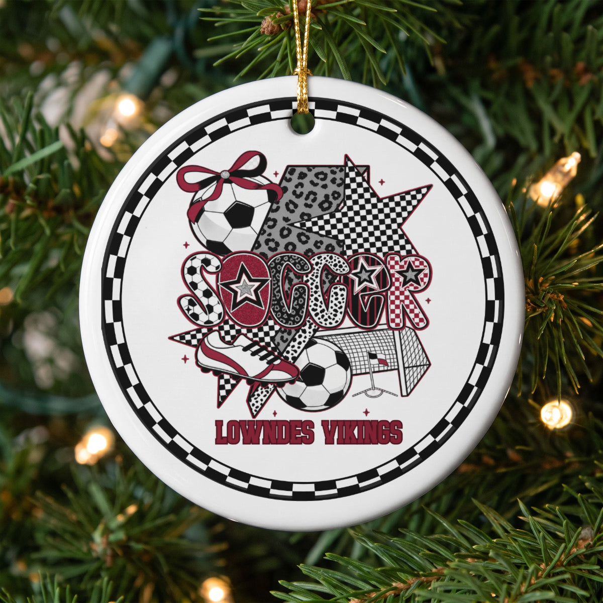 Lowndes Vikings soccer ornament with soccer balls, stars, and a shoe.