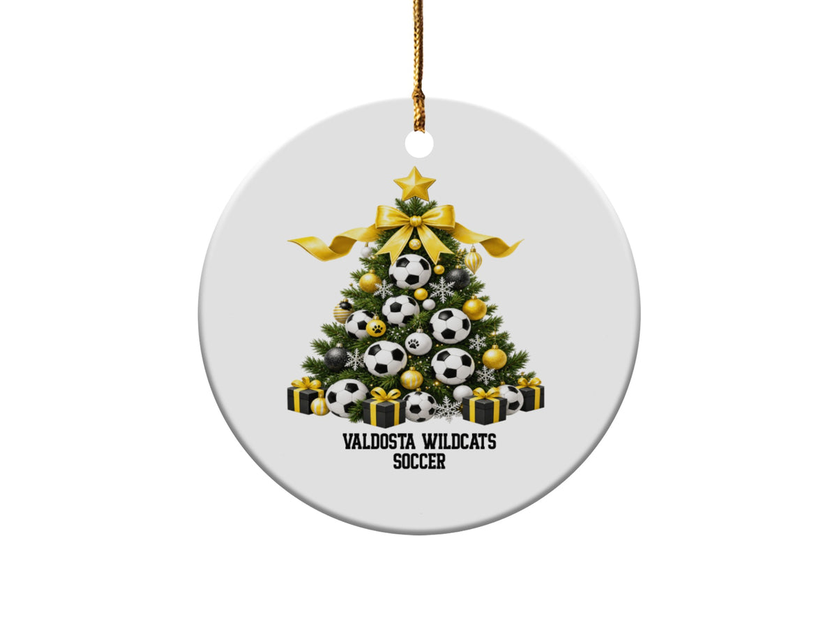 Valdosta Wildcats Soccer ornament with Christmas tree decorated with soccer balls.