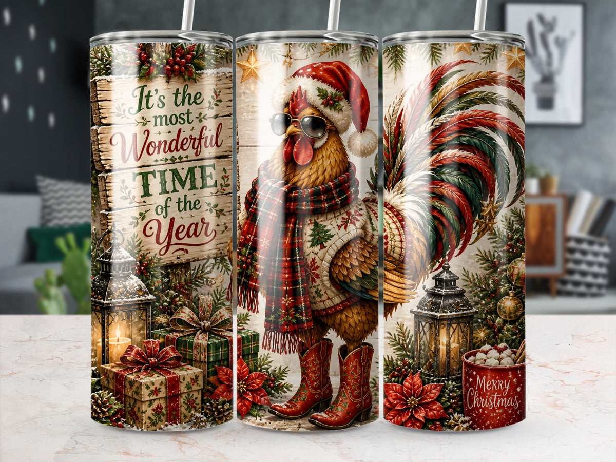 Three views of a skinny tumbler featuring a Christmas-themed rooster wearing sunglasses, a Santa hat, scarf, and cowboy boots.