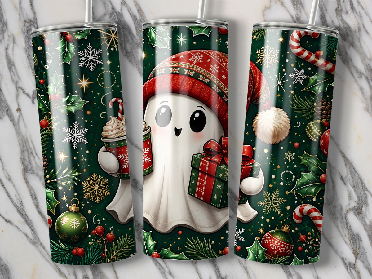 Three views of a stainless steel tumbler featuring a Christmas ghost pattern on a dark green background.