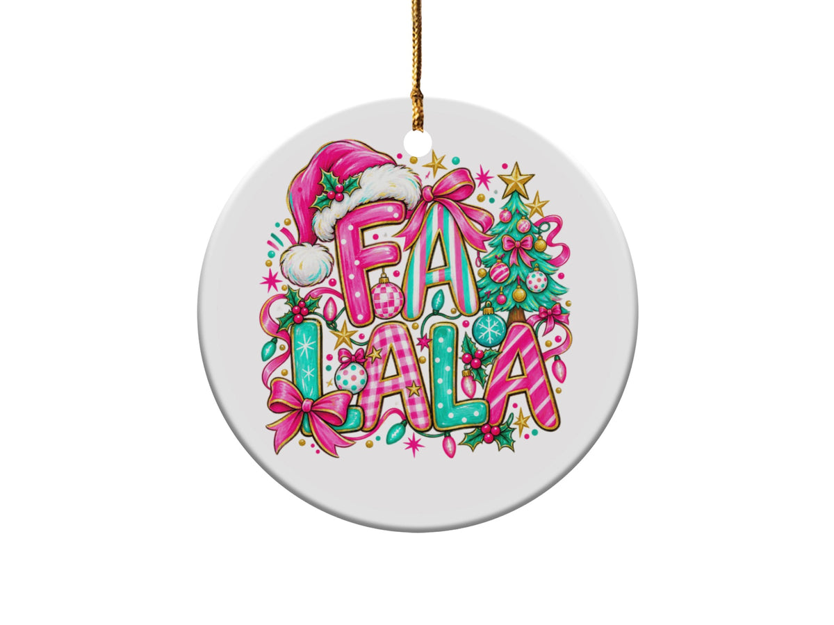 "Fa La La" text ornament with Santa hat, Christmas tree, and festive embellishments.