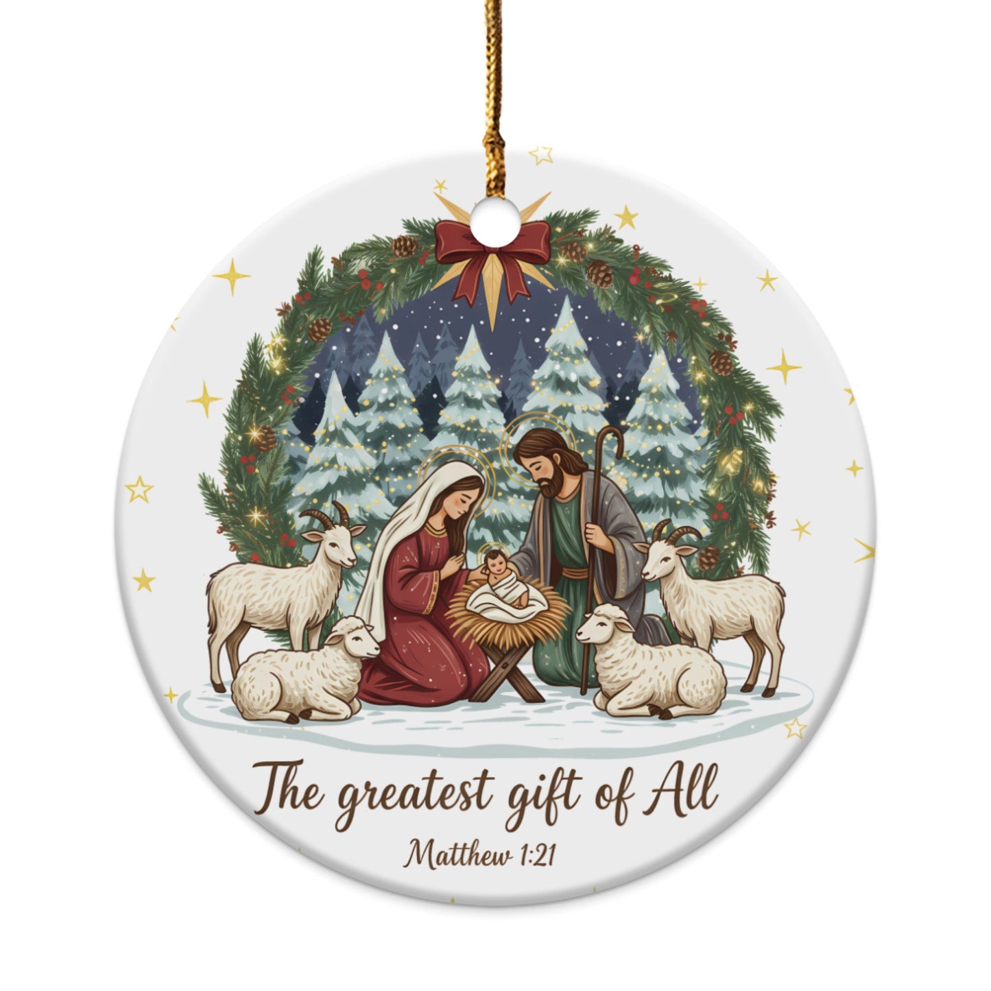 Nativity scene with Mary, Joseph, baby Jesus, sheep, goats, and text "The greatest gift of All Matthew 1:21".