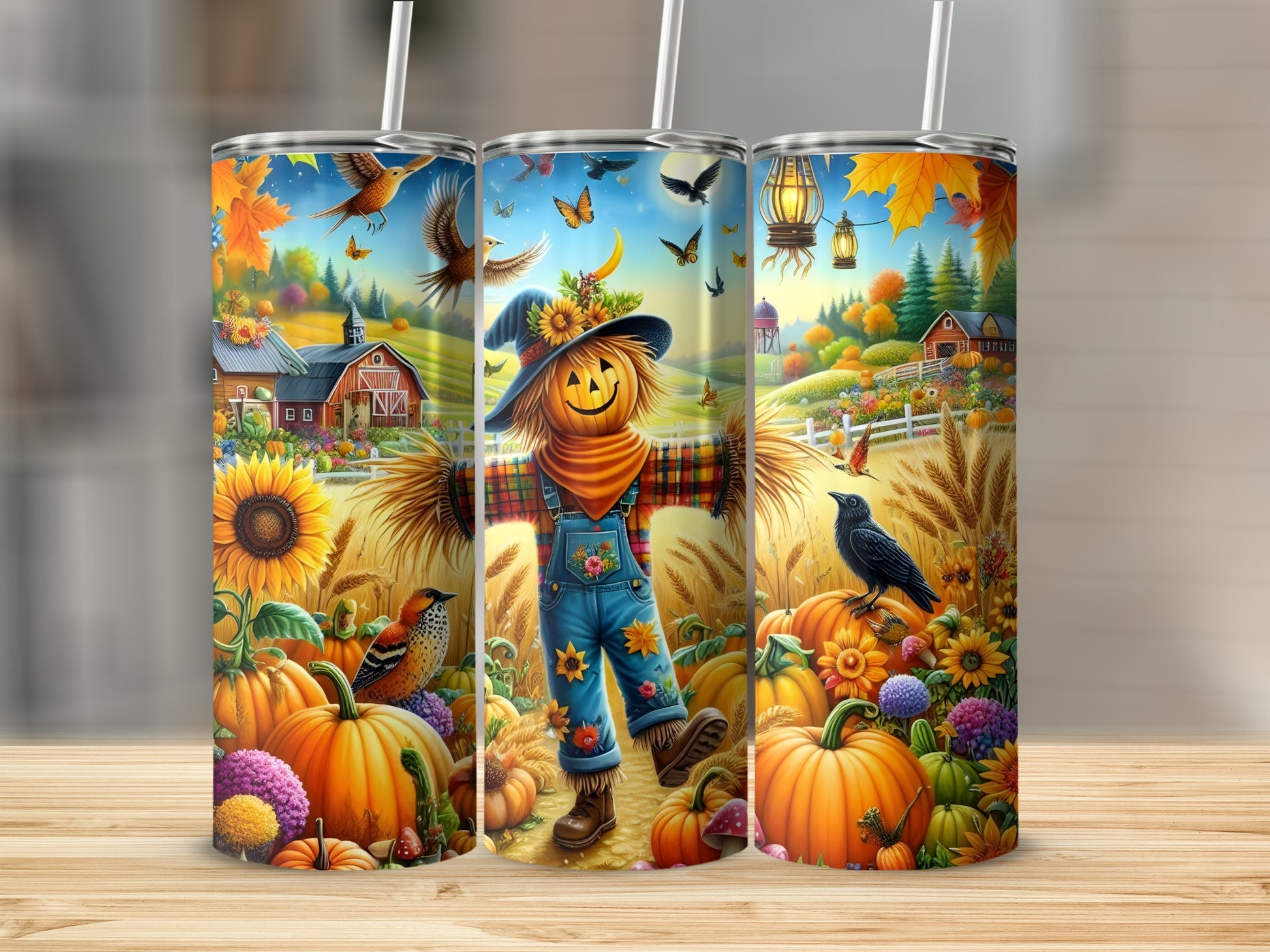 Three tumblers with a scarecrow, pumpkins, sunflowers, birds, and a barn on a fall farm.
