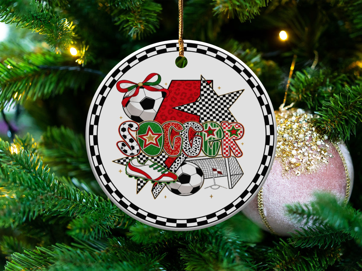 Round soccer ornament with colorful "Soccer" text and graphic elements on a Christmas tree.