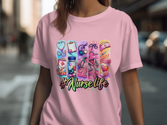 Pink t-shirt with nurse-themed graphics and "#Nurse life" text.
