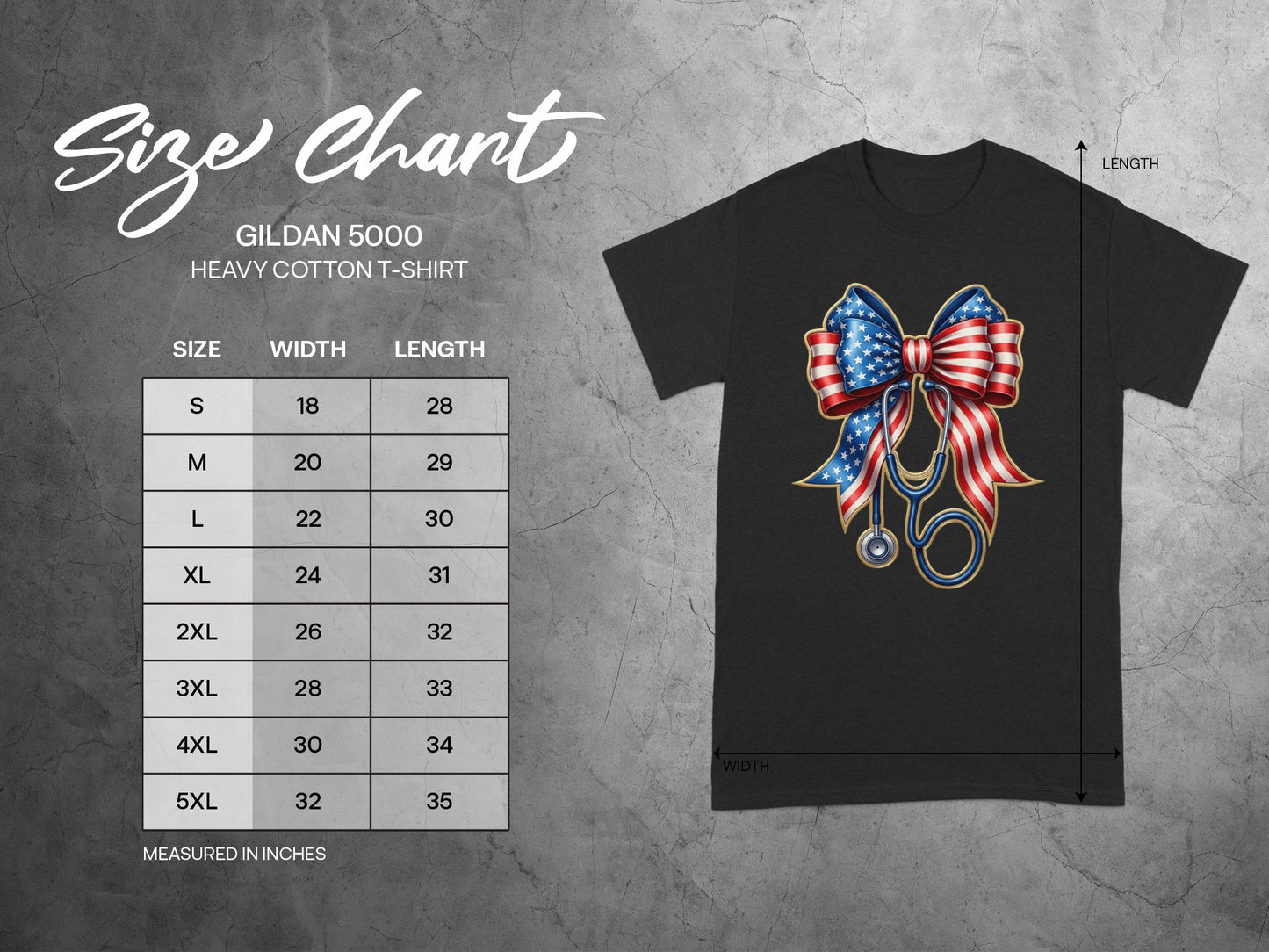 Gildan 5000 t-shirt size chart with width and length measurements.