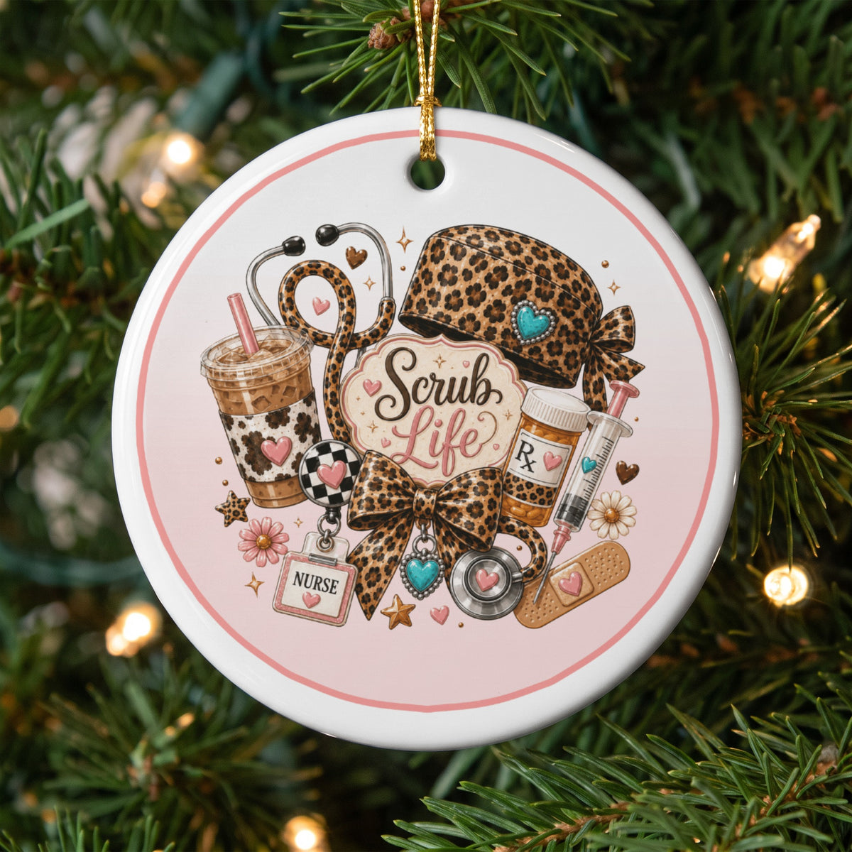 Round ceramic ornament with nurse-themed illustrations, including "Scrub Life" text.