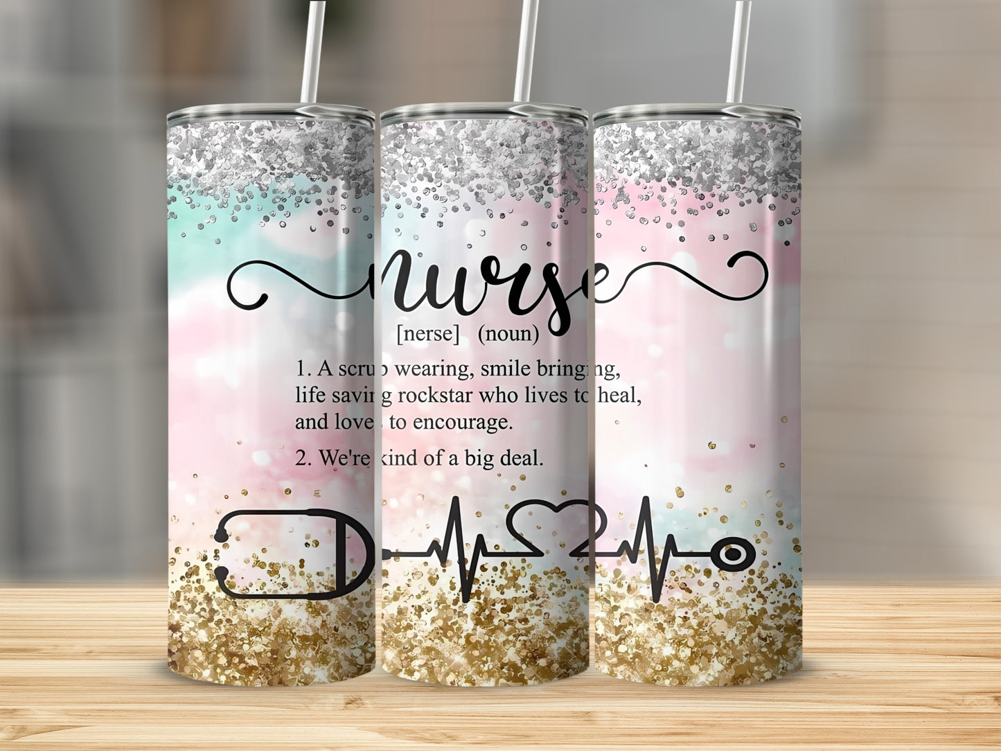 Nurse definition tumbler with glitter and stethoscope heart design.