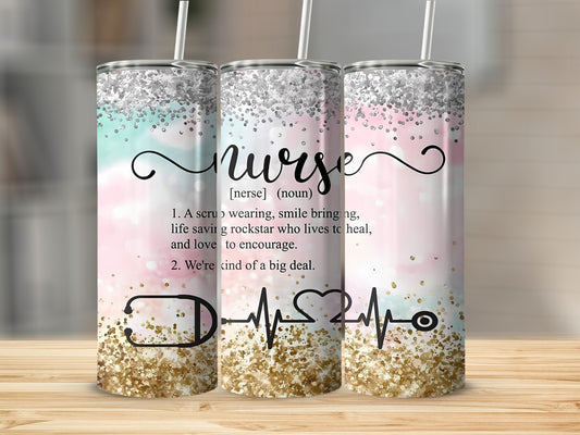 Nurse definition tumbler with glitter and stethoscope heart design.