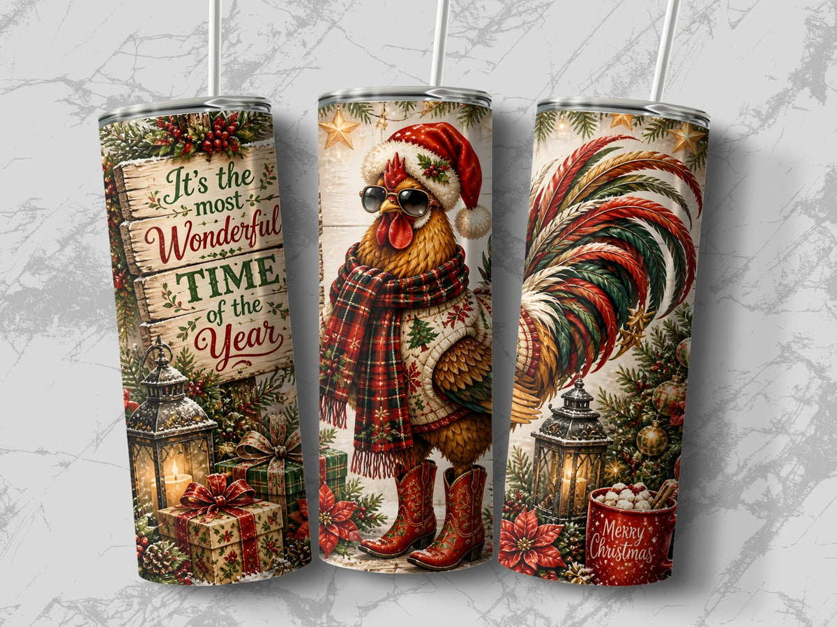 Three tall skinny tumblers displaying a Christmas rooster design with Santa hats, plaid scarves, lanterns, and presents.
