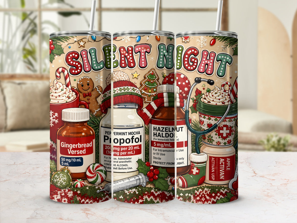 Three cylindrical tumblers stand side-by-side on a white surface, featuring a Christmas medical theme with gingerbread, medication bottles, and the words "SILENT NIGHT."
