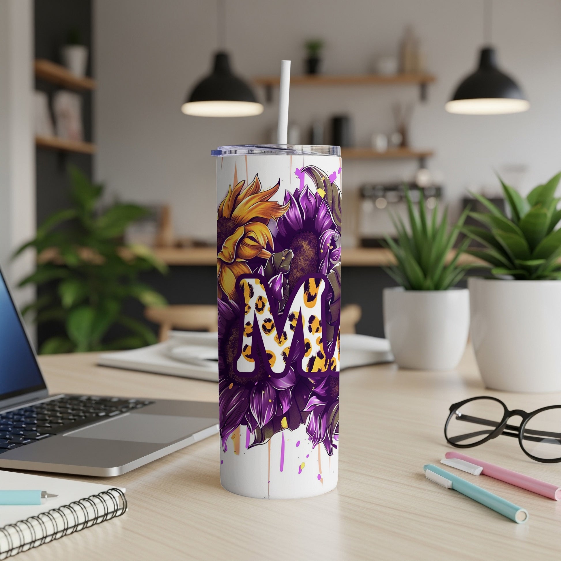 Personalized Floral M Initial Tumbler with Straw