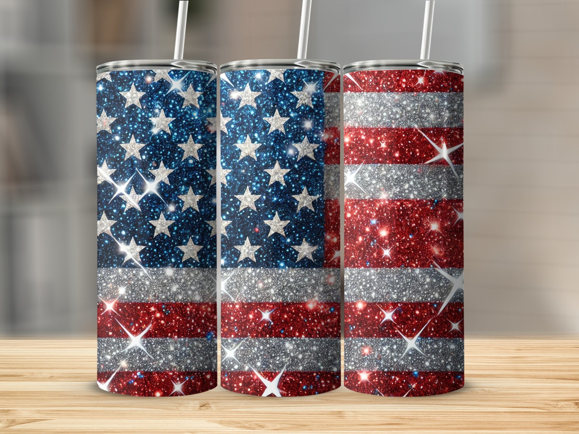 Three tumblers with glittery American flag design.
