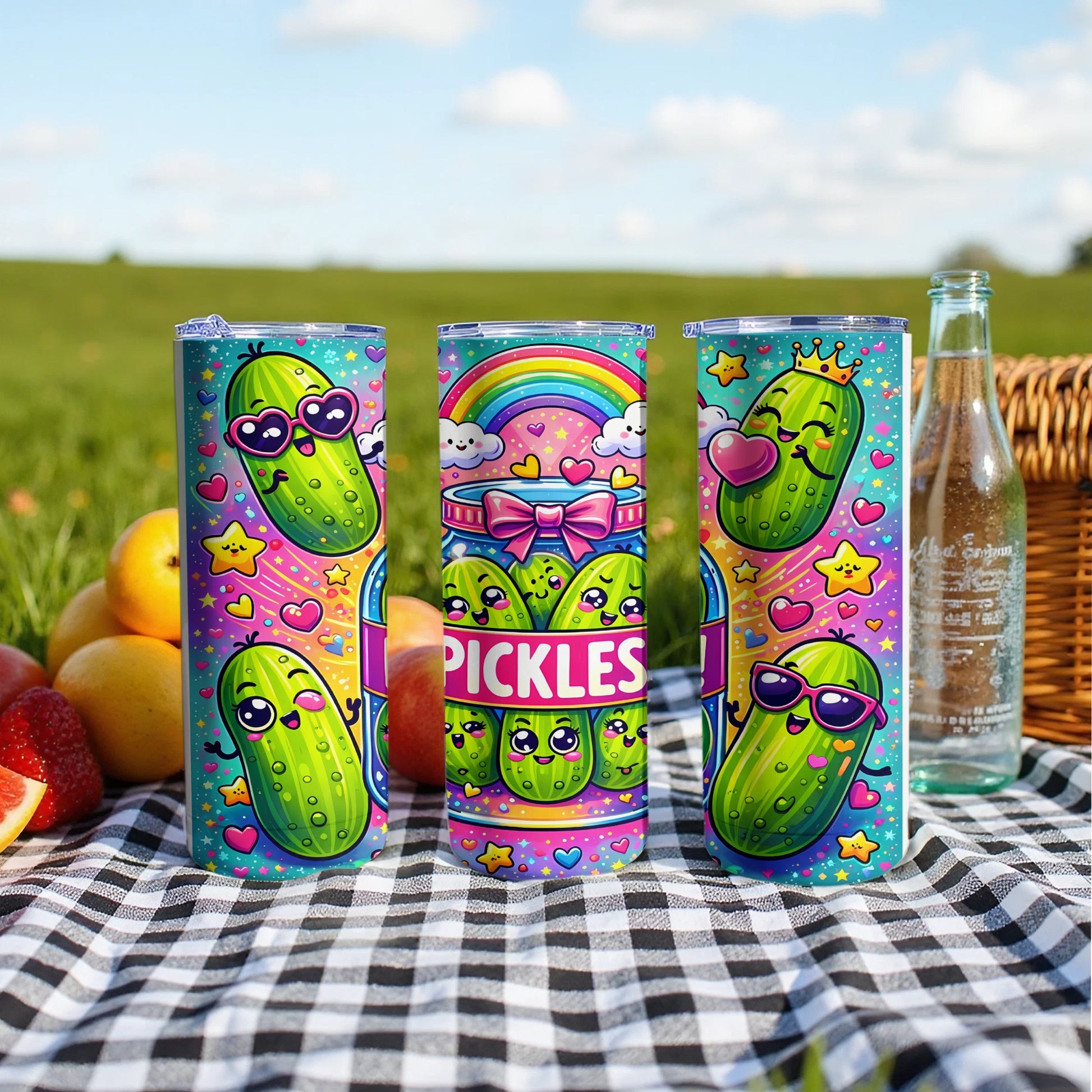 Three tumblers featuring cartoon pickles with sunglasses and hearts, on a picnic blanket.
