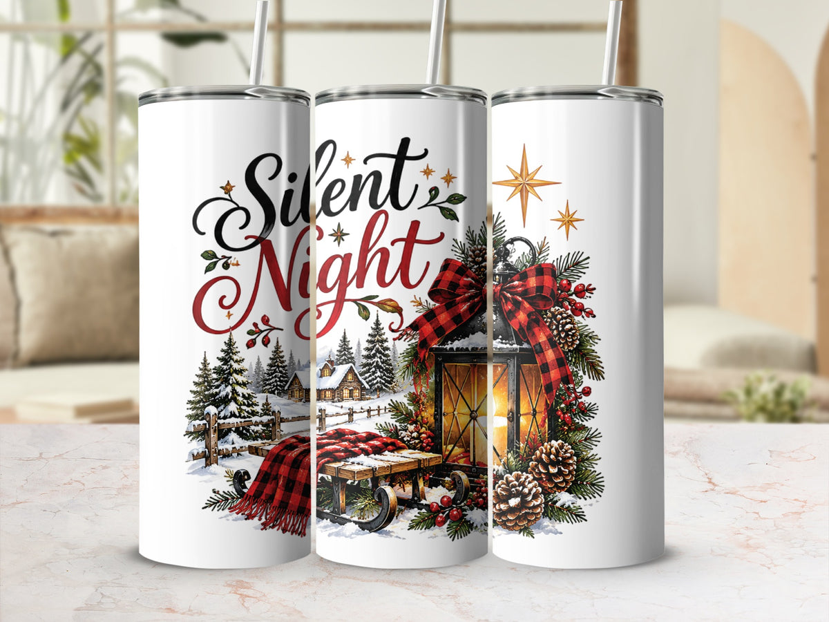 Three white stainless steel tumblers feature a watercolor winter scene with the words Silent Night, pine trees, a lantern, and a red plaid blanket.