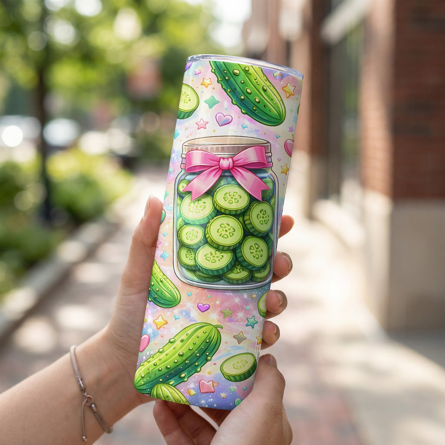 Tumbler with repeating pattern of pickles and pickle slices in a jar with stars.
