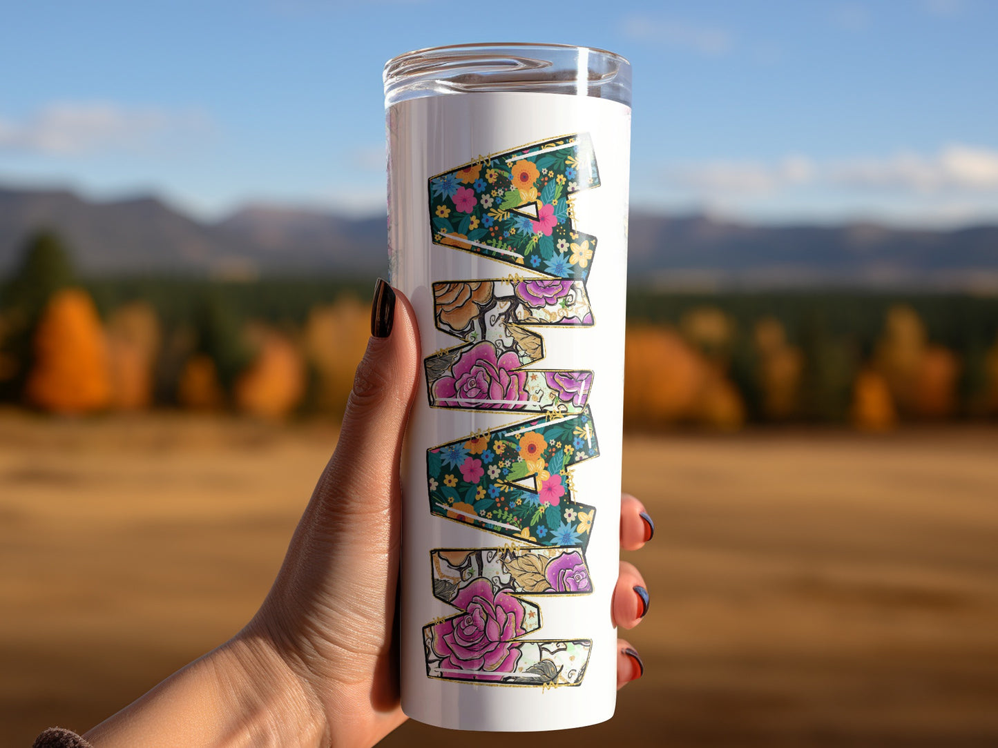 Colorful Floral Design on White Travel Tumbler