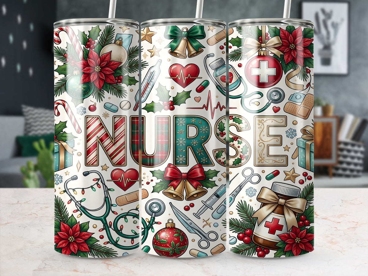Three metal tumblers with straws stand on a surface, featuring a Christmas nurse design with stethoscopes, poinsettias, and the word NURSE.
