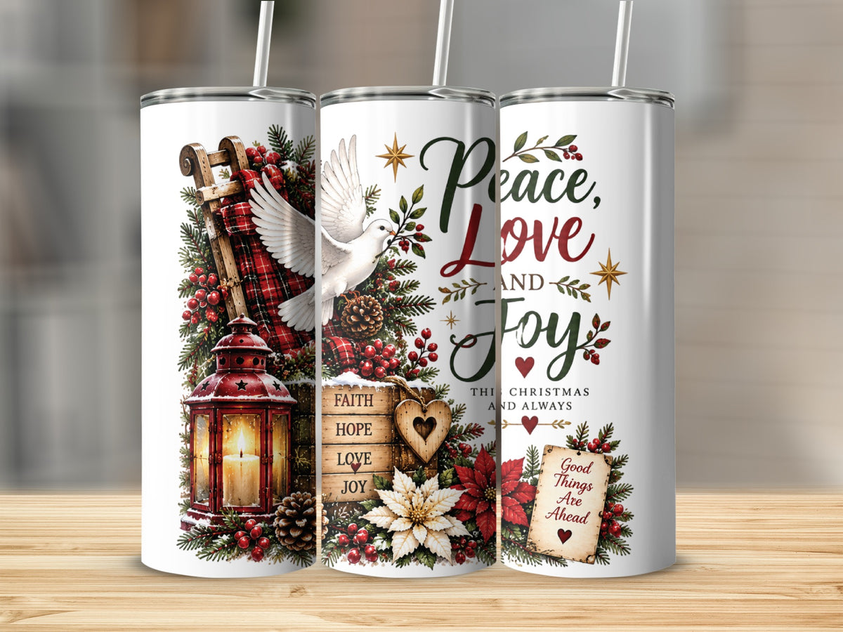 Three white travel tumblers featuring Christmas designs with a dove, red lantern, and the text Peace Love and Joy.