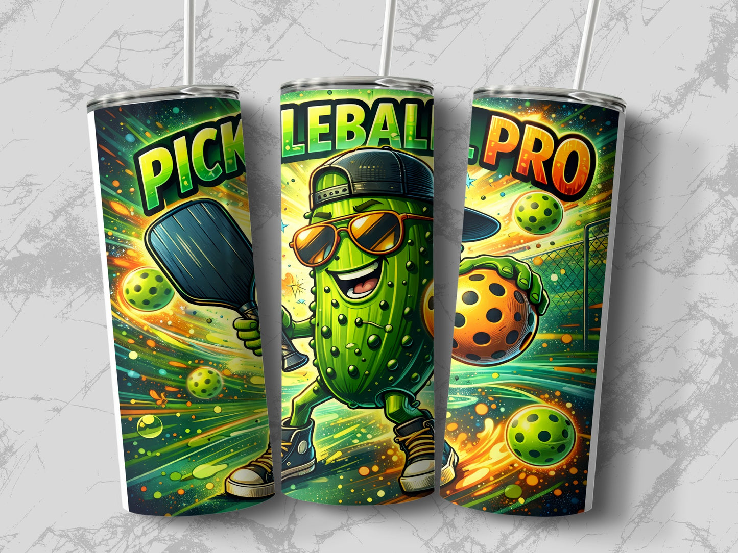 Cartoon pickle character playing pickleball, holding a paddle and ball.