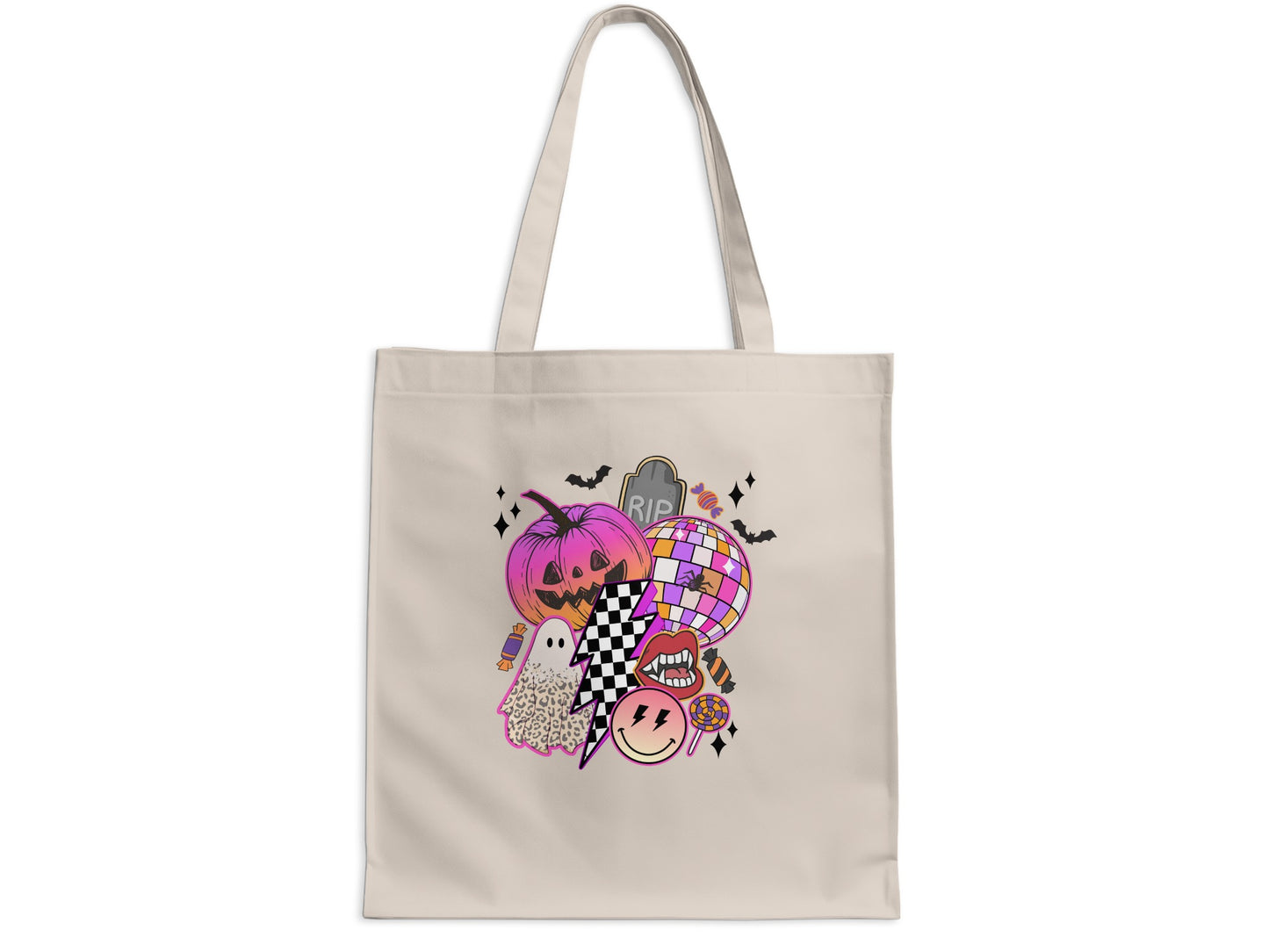 Beige tote bag with a collage of Halloween graphic icons.