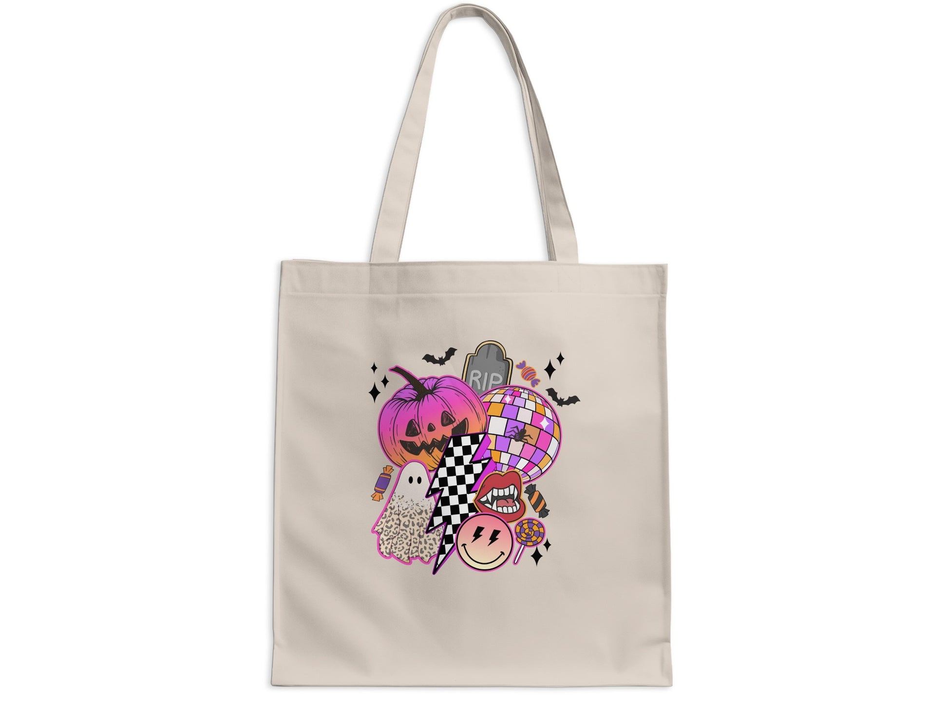 Beige tote bag with a collage of Halloween graphic icons.