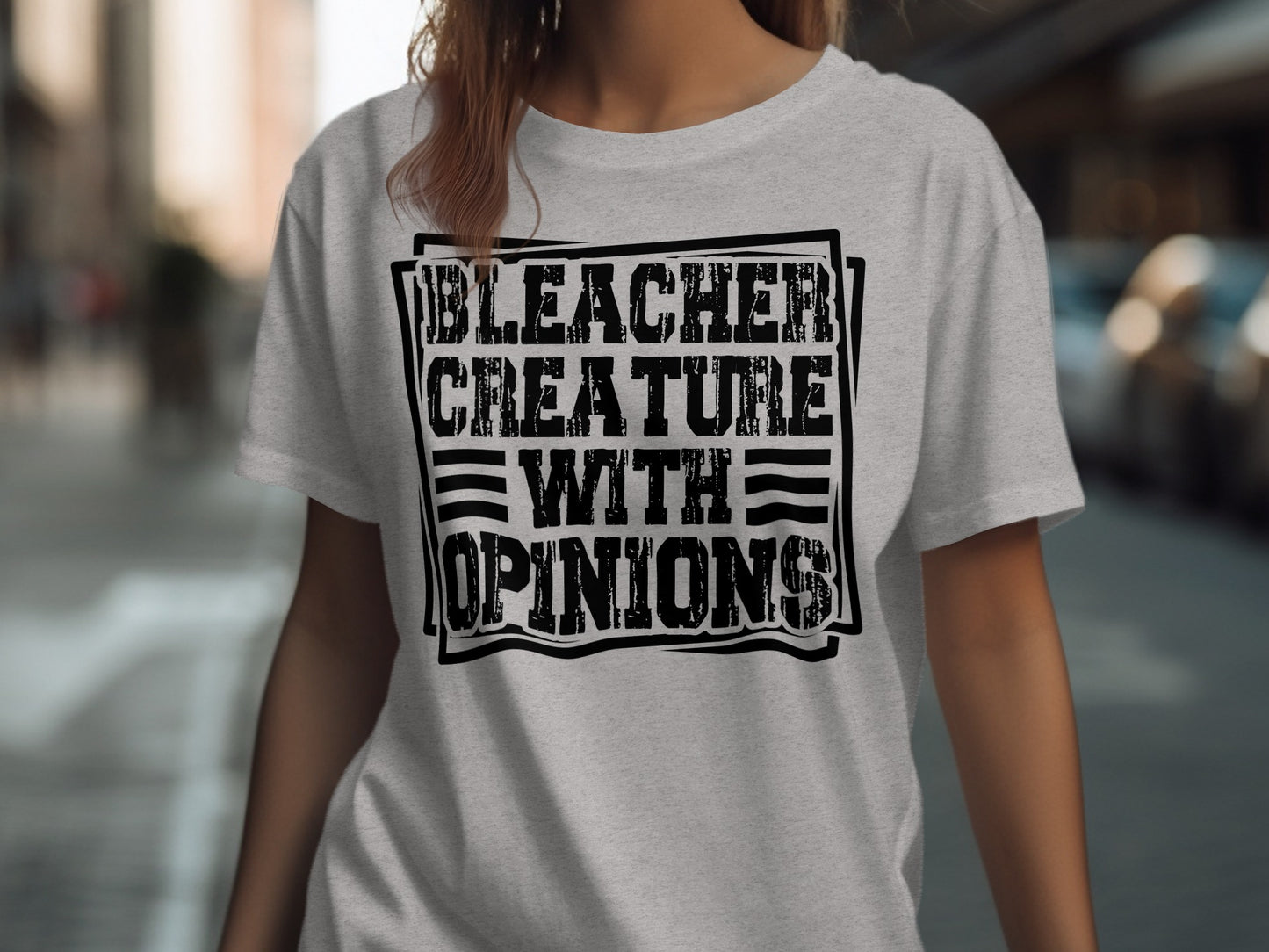 Gray t-shirt with black text reading "Bleacher Creature With Opinions".