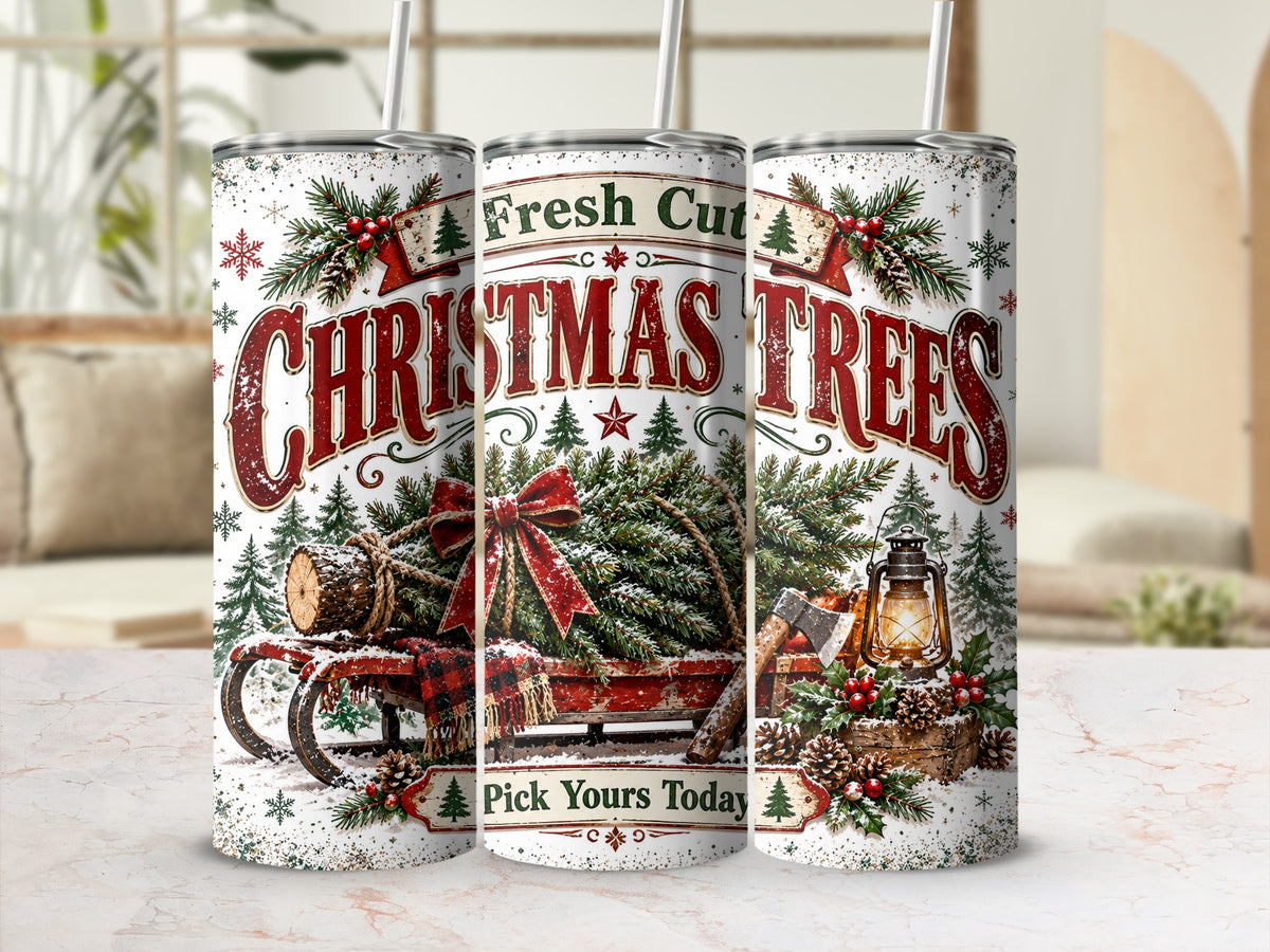 Three metal tumblers with a vintage Christmas tree farm design, red sled, and glowing lantern.