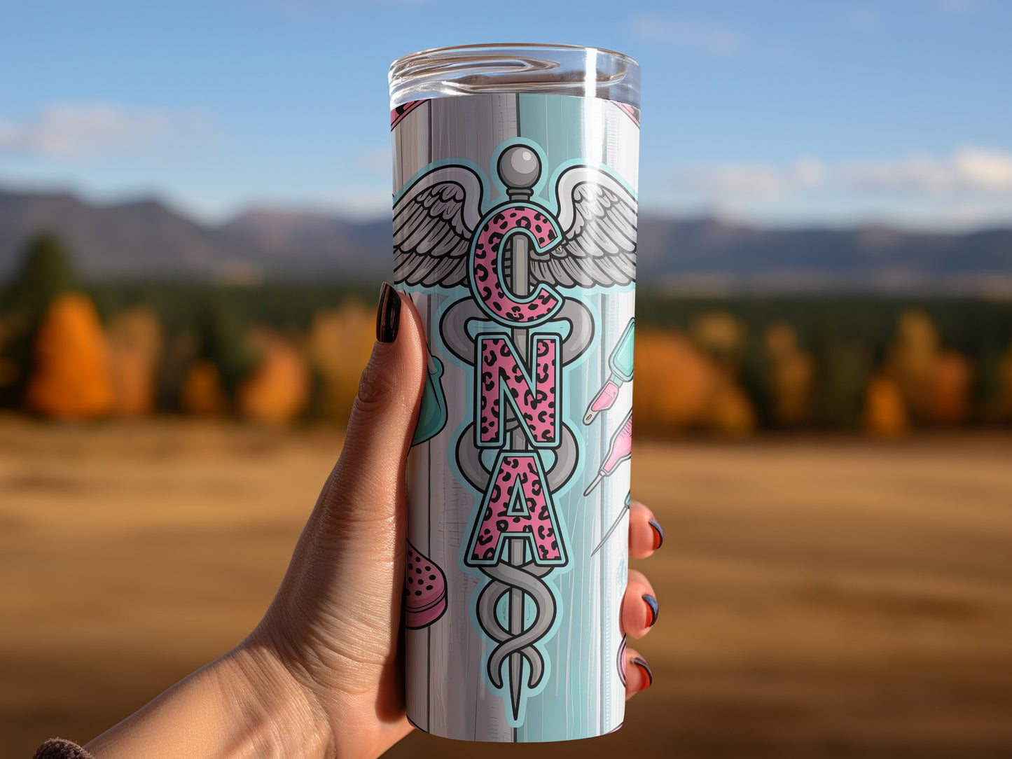 Tumbler with medical caduceus and "CNA" in pink leopard print.