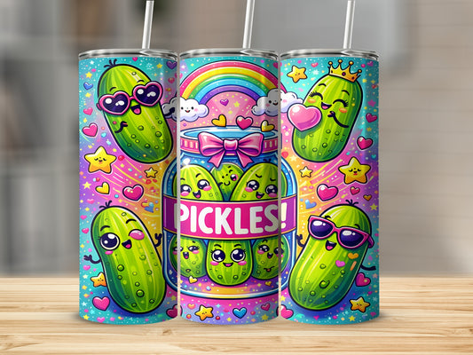 Cartoon pickles wearing sunglasses and crowns with hearts and stars.