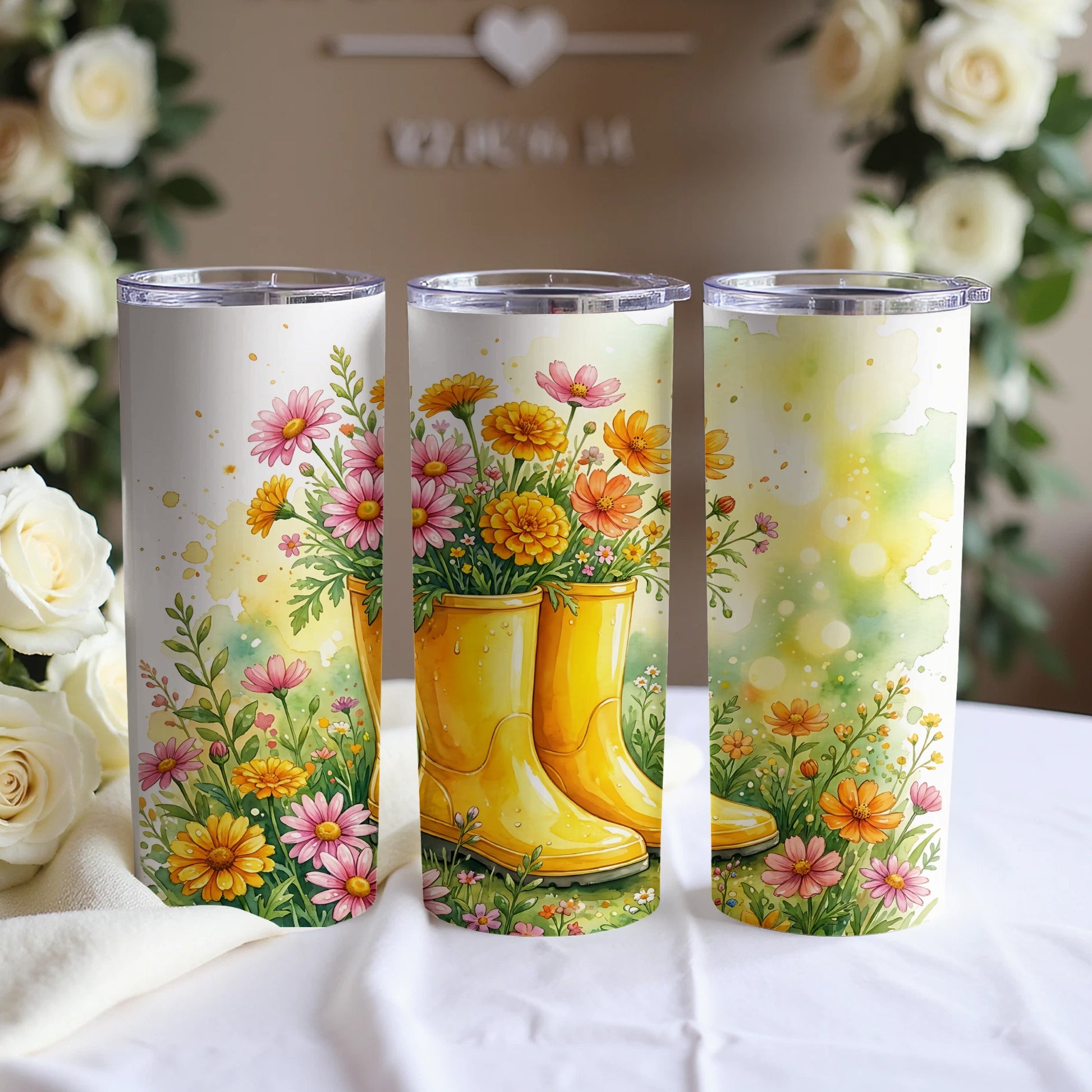 Yellow rain boots filled with colorful flowers and greenery.