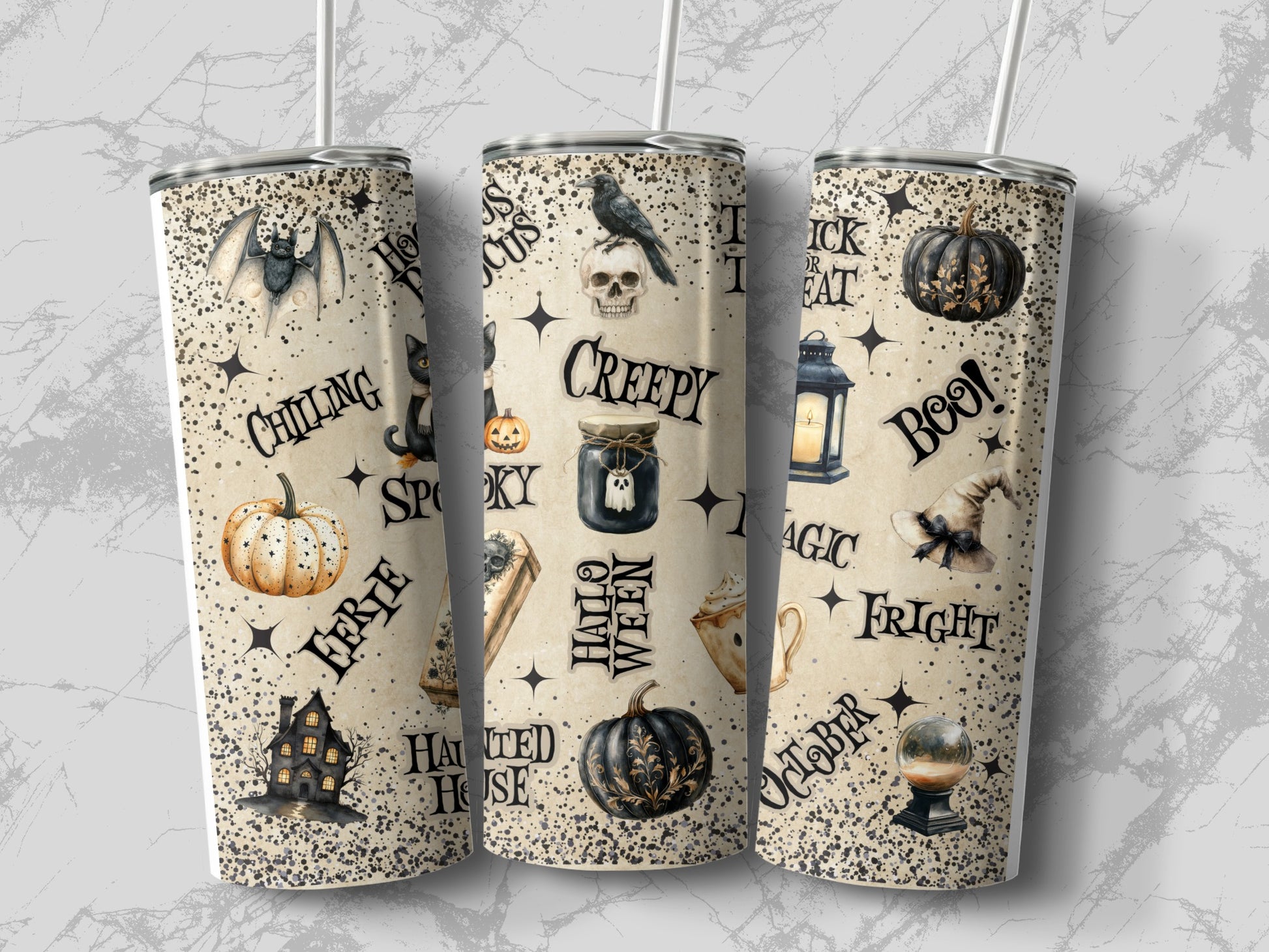Halloween themed tumblers with bats, skulls, pumpkins, and spooky text.