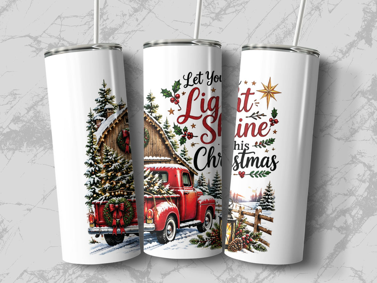 Three tall white travel tumblers featuring a watercolor Christmas design with a red truck, barn, and holiday text.