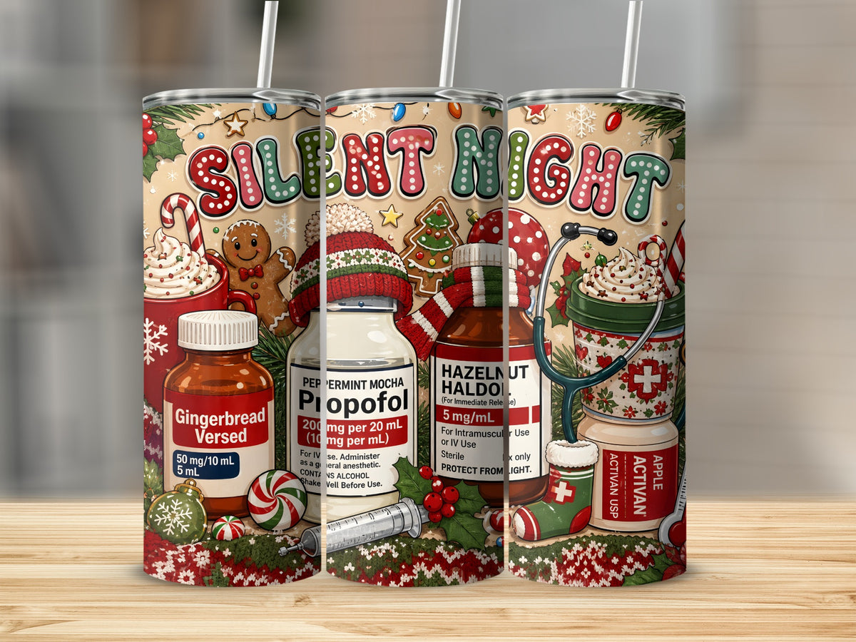 Three metal tumblers display a Christmas-themed medical design featuring medication bottles, stethoscopes, and holiday icons.